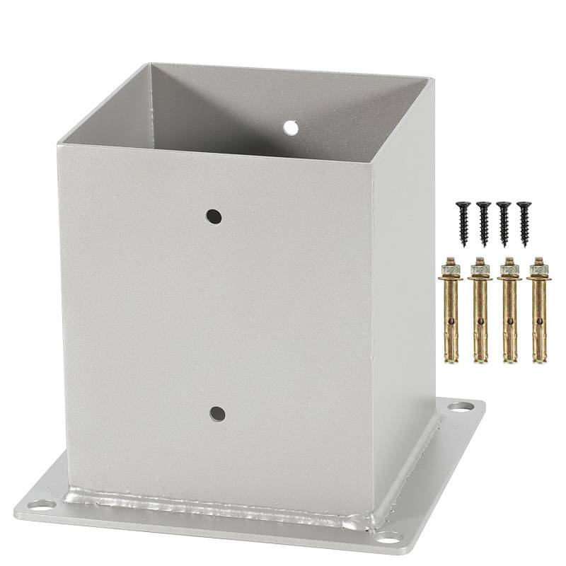 Eine große quadratische Metallposthalterung mit Installationsschrauben und Ankern daneben, die zur sicheren Befestigung von Pfosten verwendet wird.