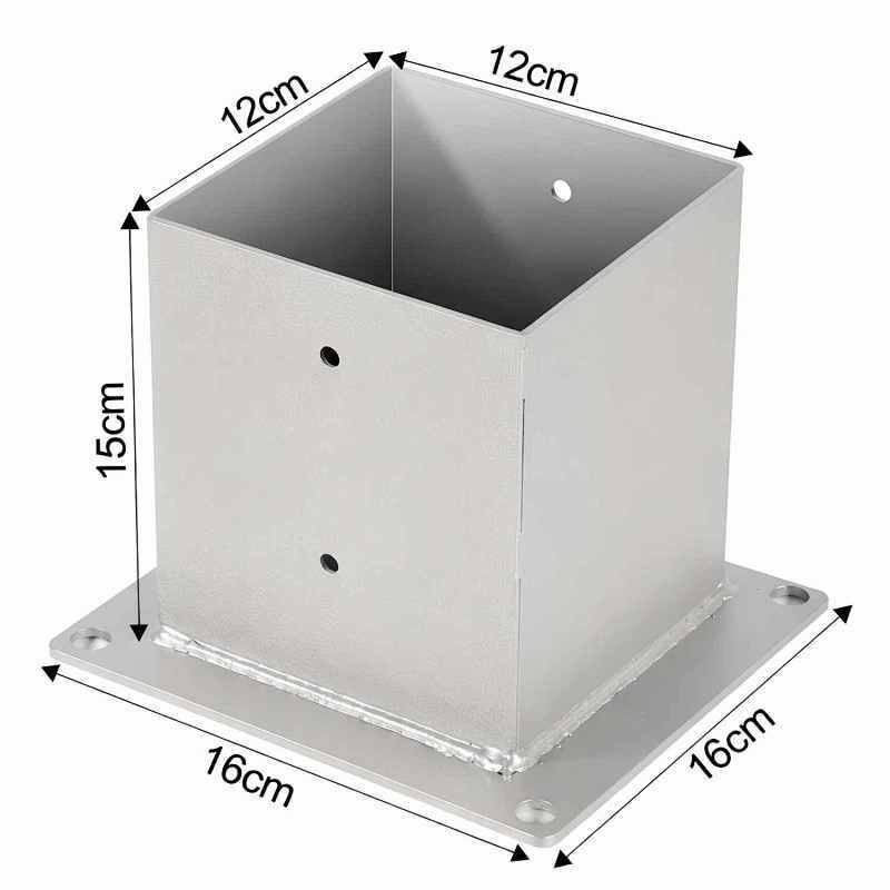 Quadratische Metallhalterung mit beschrifteten Abmessungen: 12 cm Breite, 15 cm Höhe und 16 cm Basislänge. Löcher auf den Seiten und der Basis sind sichtbar.