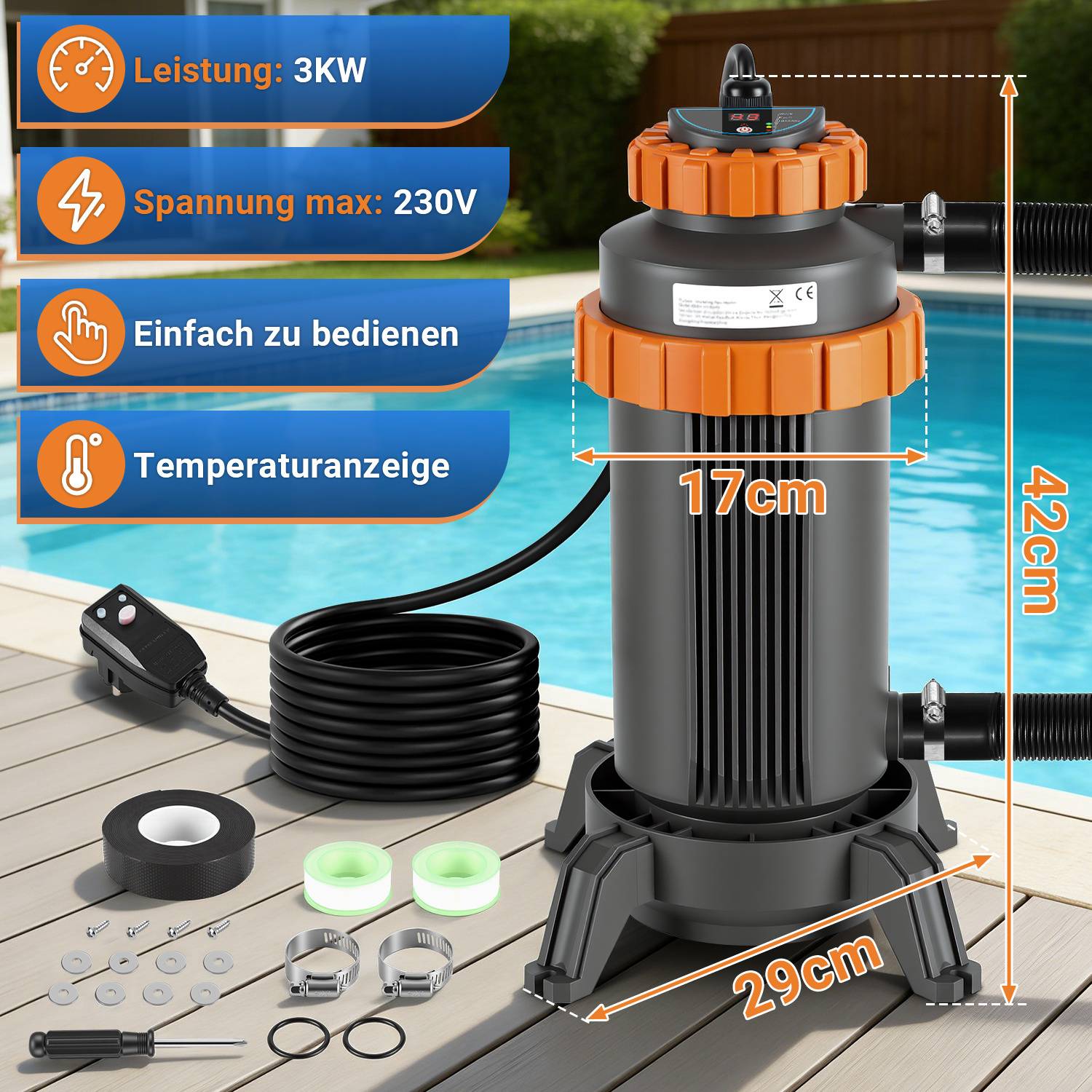 Poolwasserpumpe mit Temperaturanzeige und einfacher Bedienung. Merkmale: 3 kW Leistung, 230 V maximale Spannung. Abmessungen: 29 cm Basisdurchmesser, 42 cm Höhe.