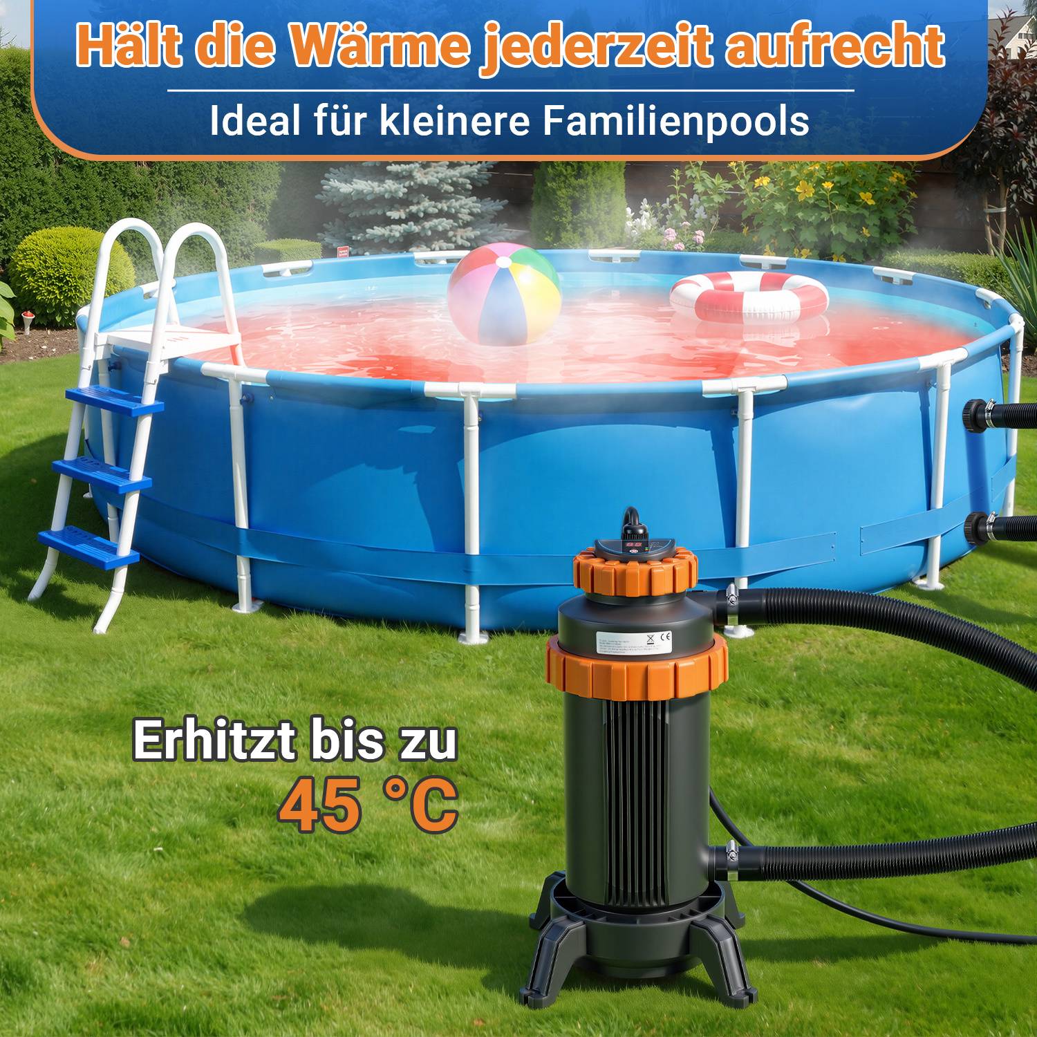 Ein rundes aufblasbares Schwimmbecken mit warmem roten Wasser und einem Wasserball, mit einem Heizgerät, das „Erhitzt bis zu 45° C