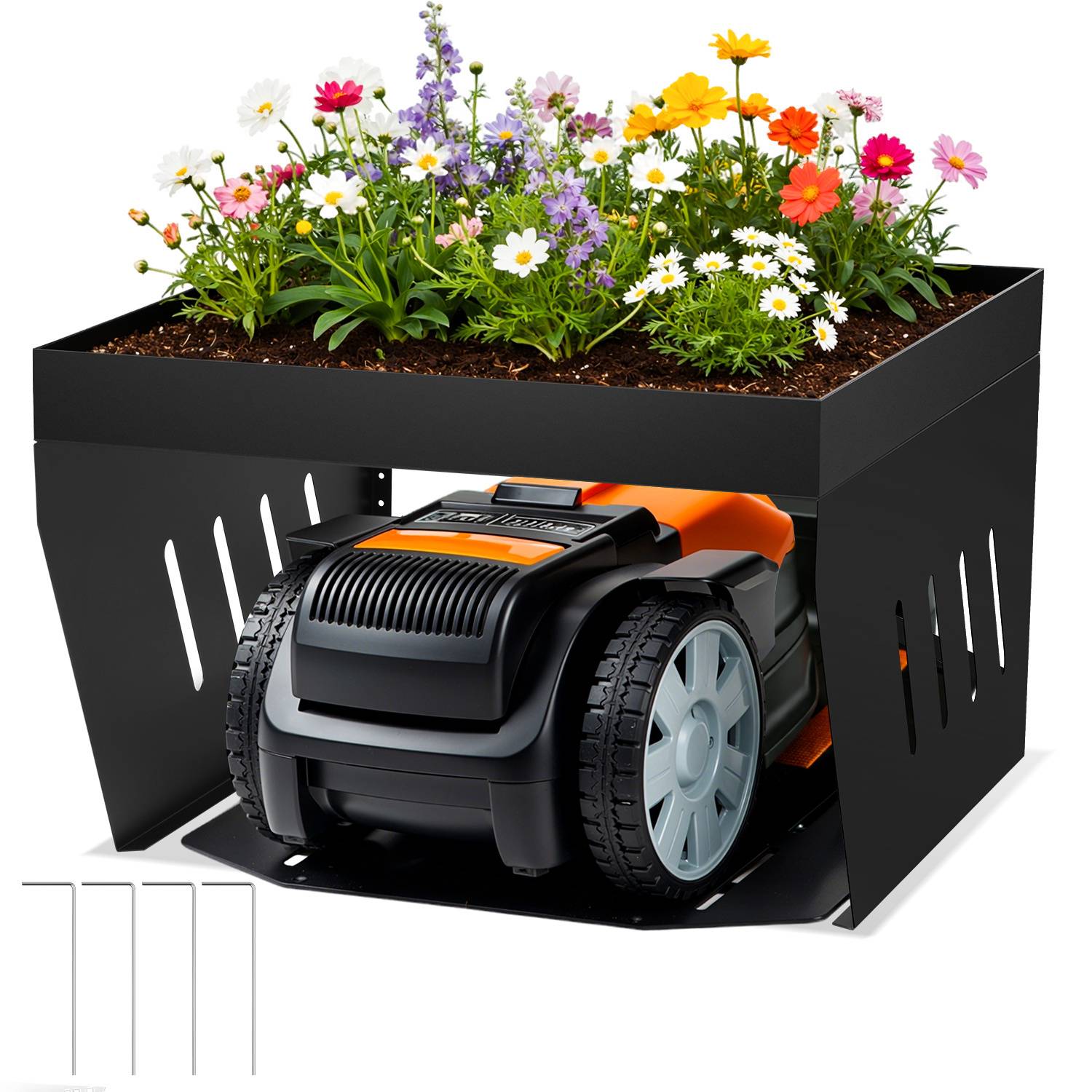 Ein Roboterrasenmäher ist unter einem Metalltisch mit einem Dachgarten aus bunten Blumen geparkt, was ein doppeltes Outdoor-Designkonzept veranschaulicht.