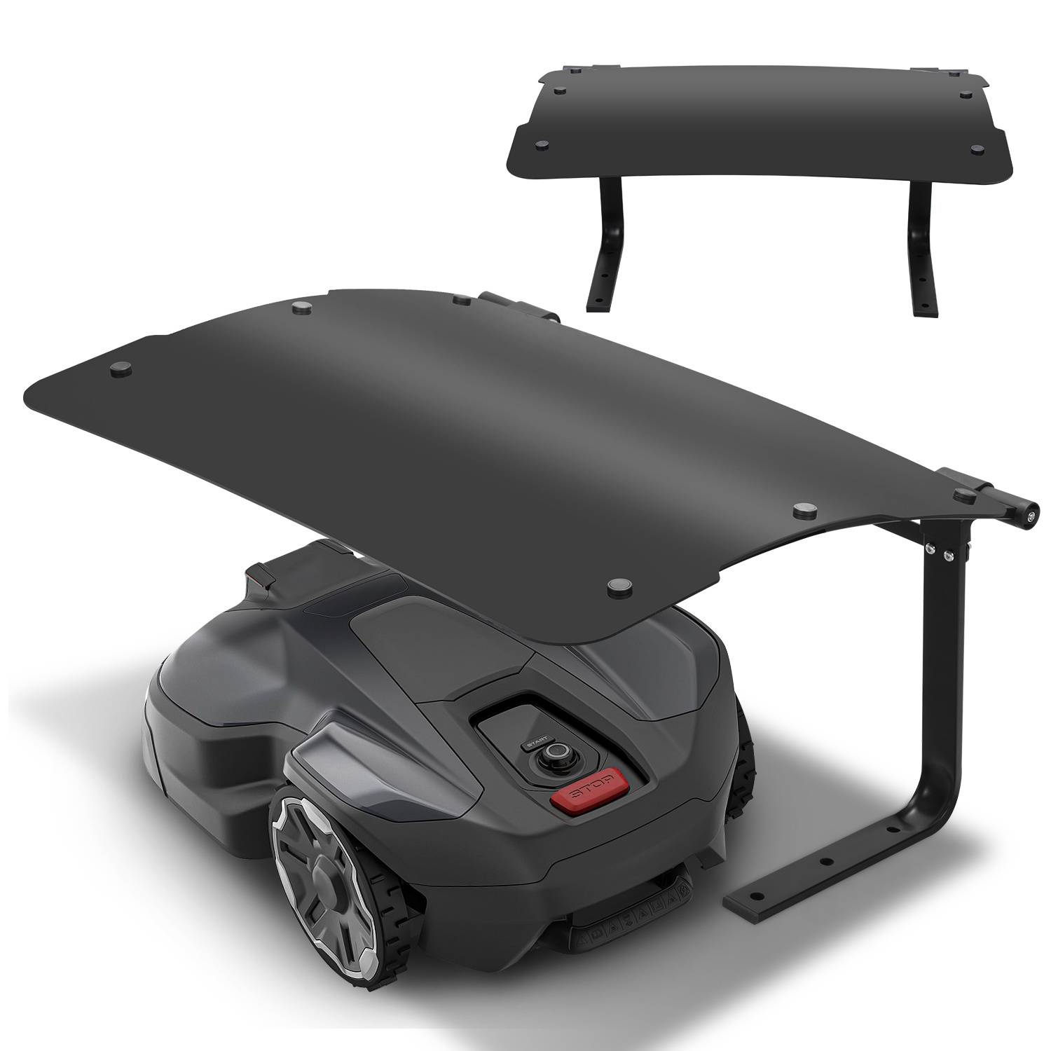 Ein Rasenroboter, der unter einer schwarzen Schutzplane geparkt ist, mit einer zusätzlichen Ansicht, die die Planenkonstruktion von der Seite zeigt.