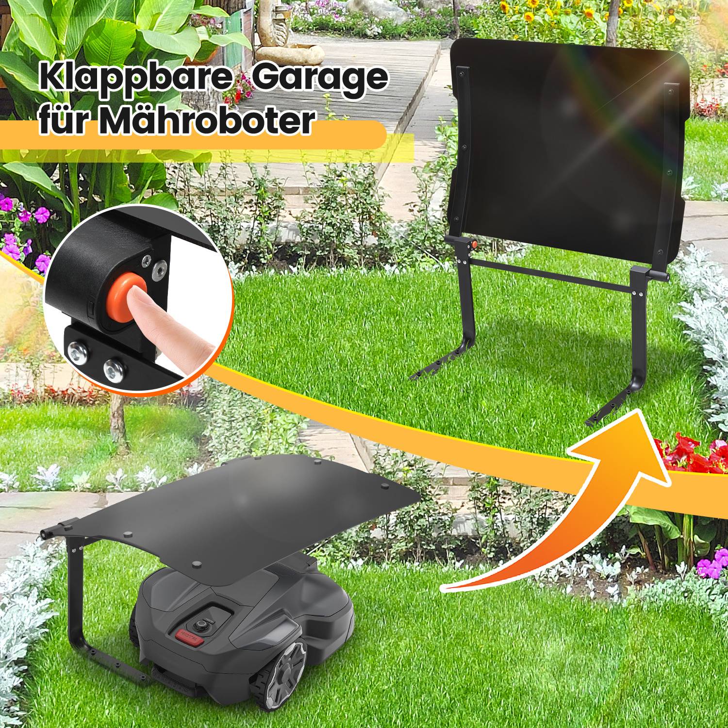 Eine bewegliche Garagenabdeckung für Rasenroboter wird gezeigt und stellt einen gefalteten und entfalteten Zustand dar, mit einem Pfeil, der die einfache Montage anzeigt.