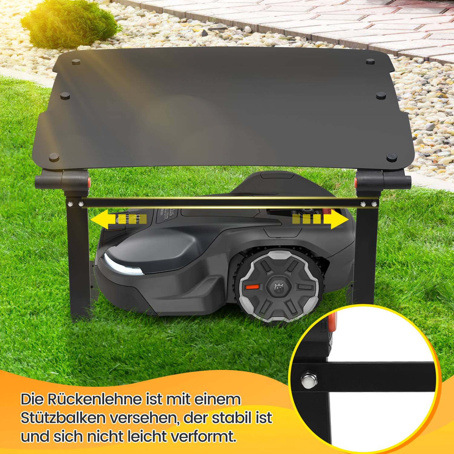 Ein Rasenroboter mit einer Schutzabdeckung, gestützt durch einen stabilen Träger. Die Vergrößerung zeigt eine detaillierte Ansicht der sicheren Verbindung des Trägers.