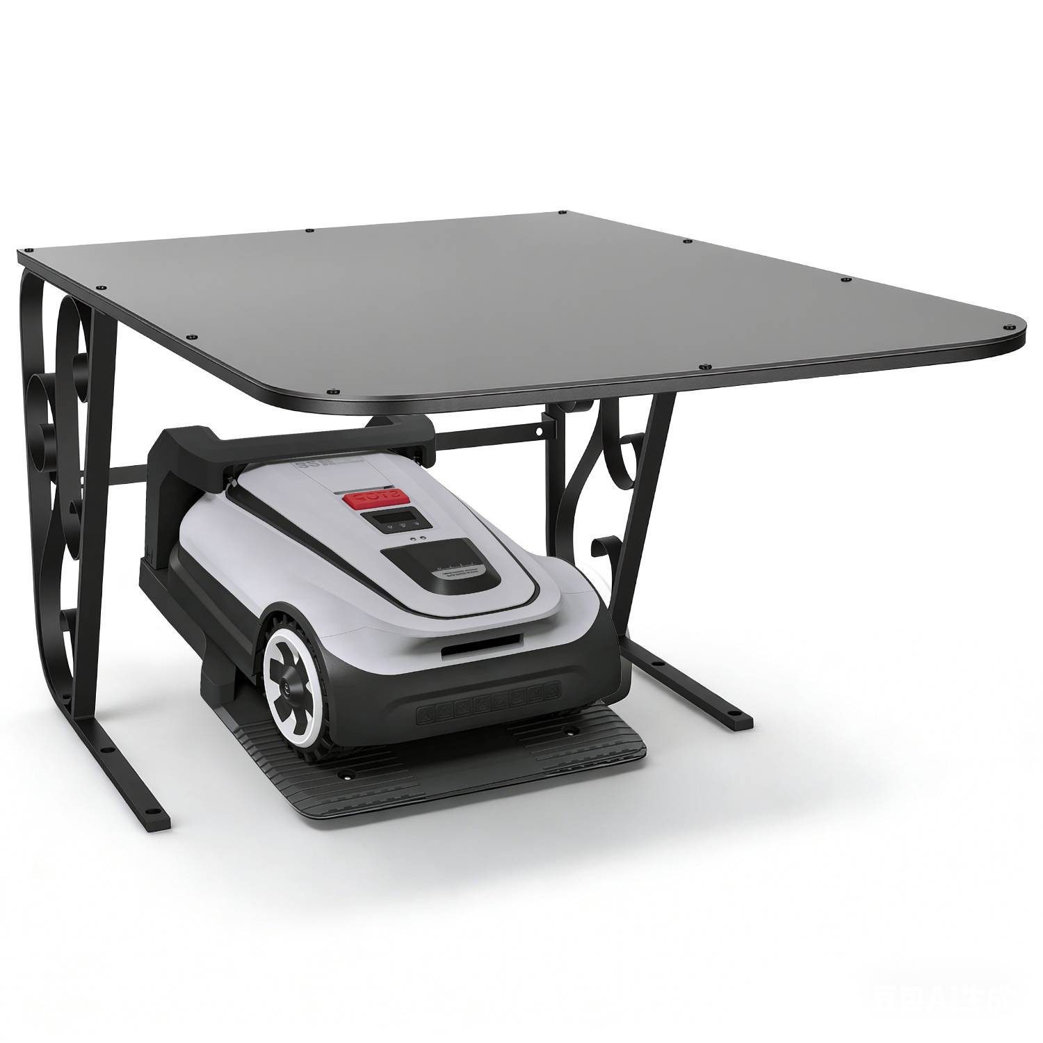 Ein Roboterstaubsauger ist unter einem quadratischen Tisch mit schwarzem Metallrahmen angedockt. Die Szene deutet auf einen Fokus auf platzsparende Gestaltung hin.