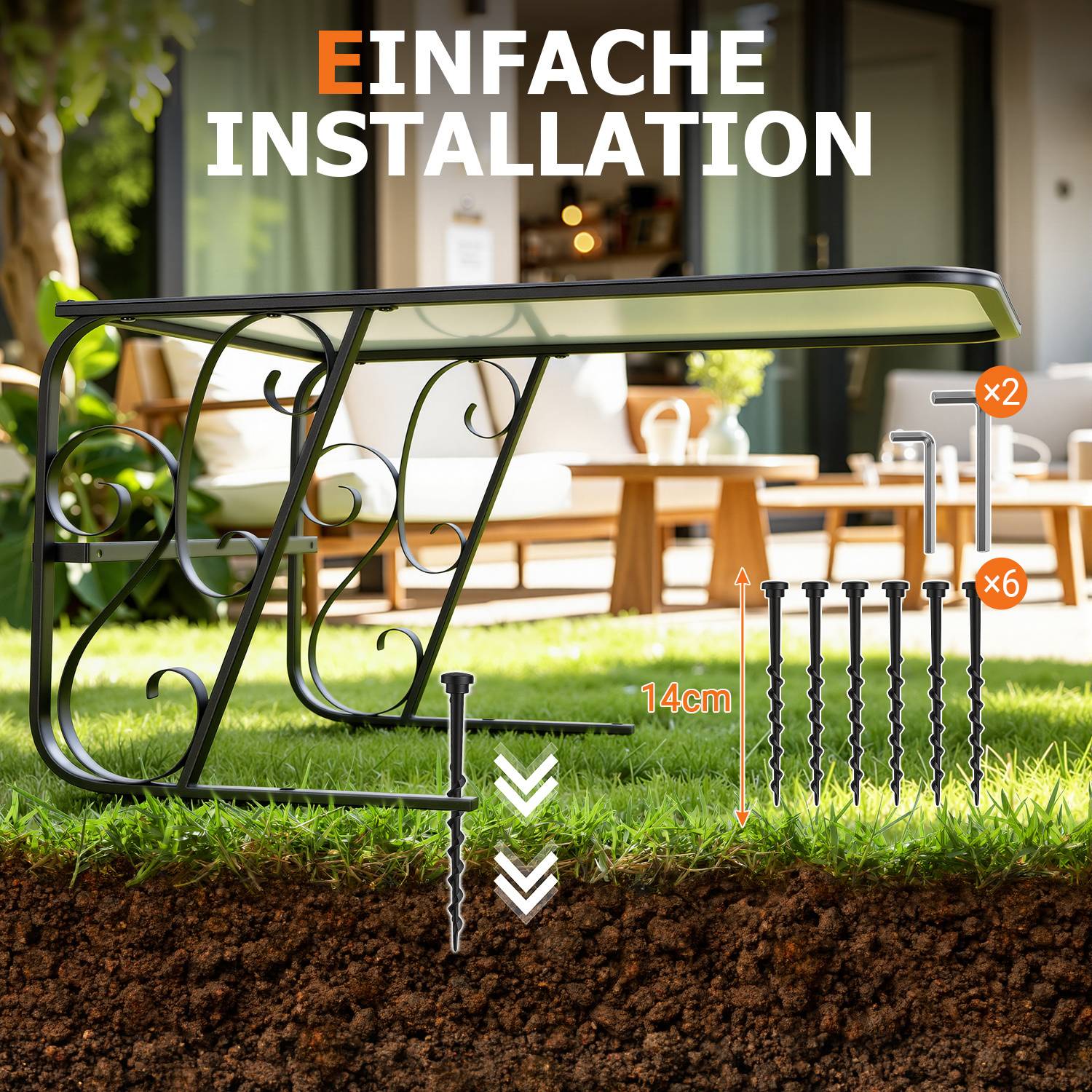 Installationsdiagramm für Außenmarkisen mit Komponenten: Metallhalterungen, Schrauben (x2), Dübel (x6) und Messleitfaden mit 14 cm Tiefe.