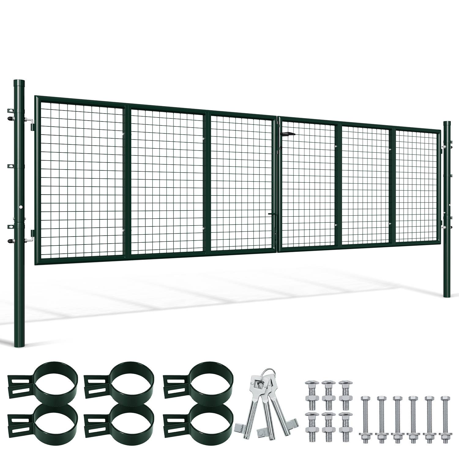 Ein Set aus schwarzen Metallgartenzaunpaneelen mit Gitterdesign, einschließlich Montageklammern, Schrauben und Schlüsseln für die Installation.