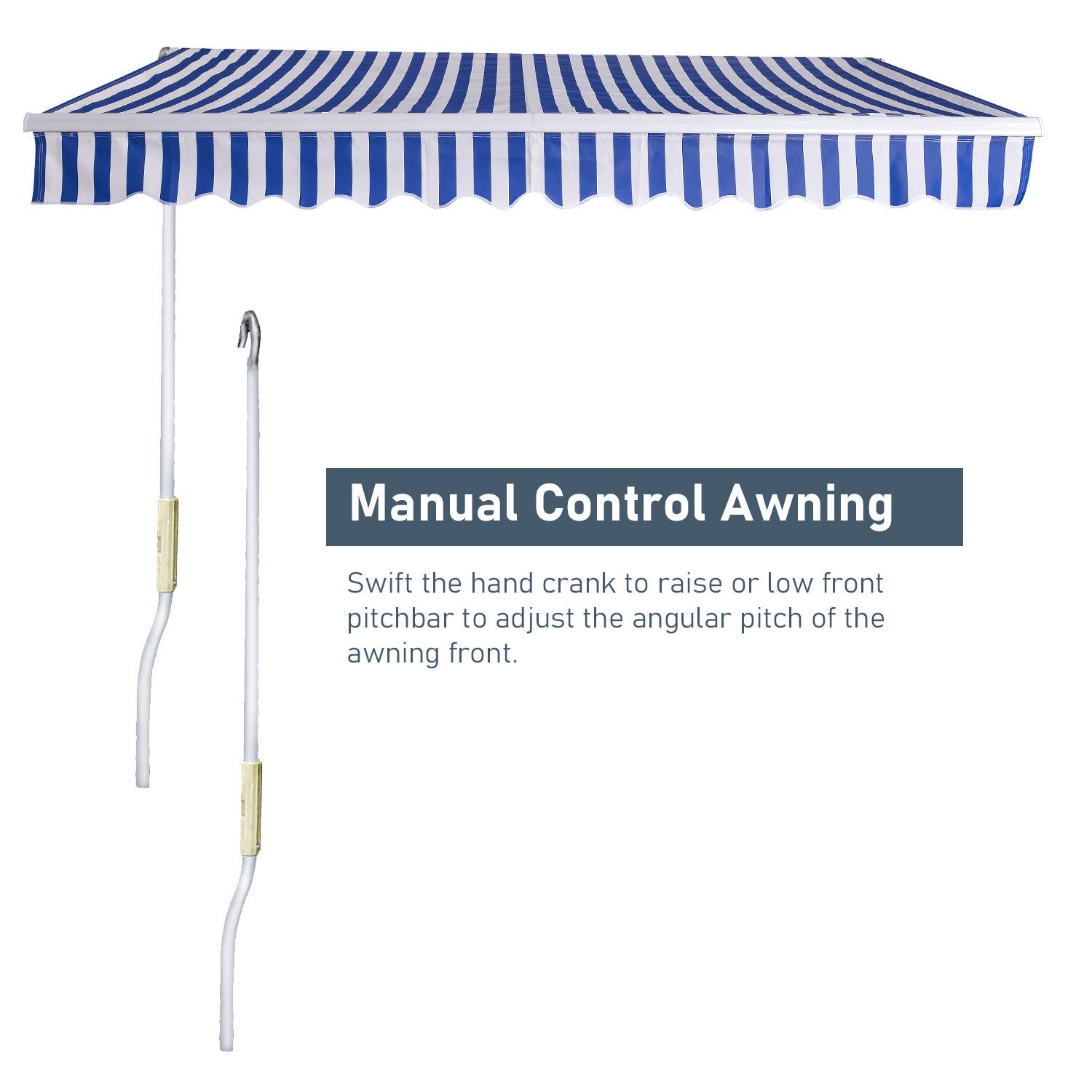 Gestreiftes Markisen-Handbedienungsgerät mit Handkurbel zur Neigungsverstellung. Der Text lautet „Markise mit Handbedienung