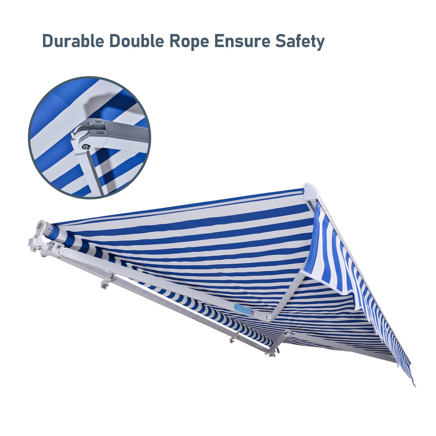 Blau-weiß gestreiftes einziehbares Markisen-Set mit der Beschriftung „Langlebiges Doppelseil für Sicherheit