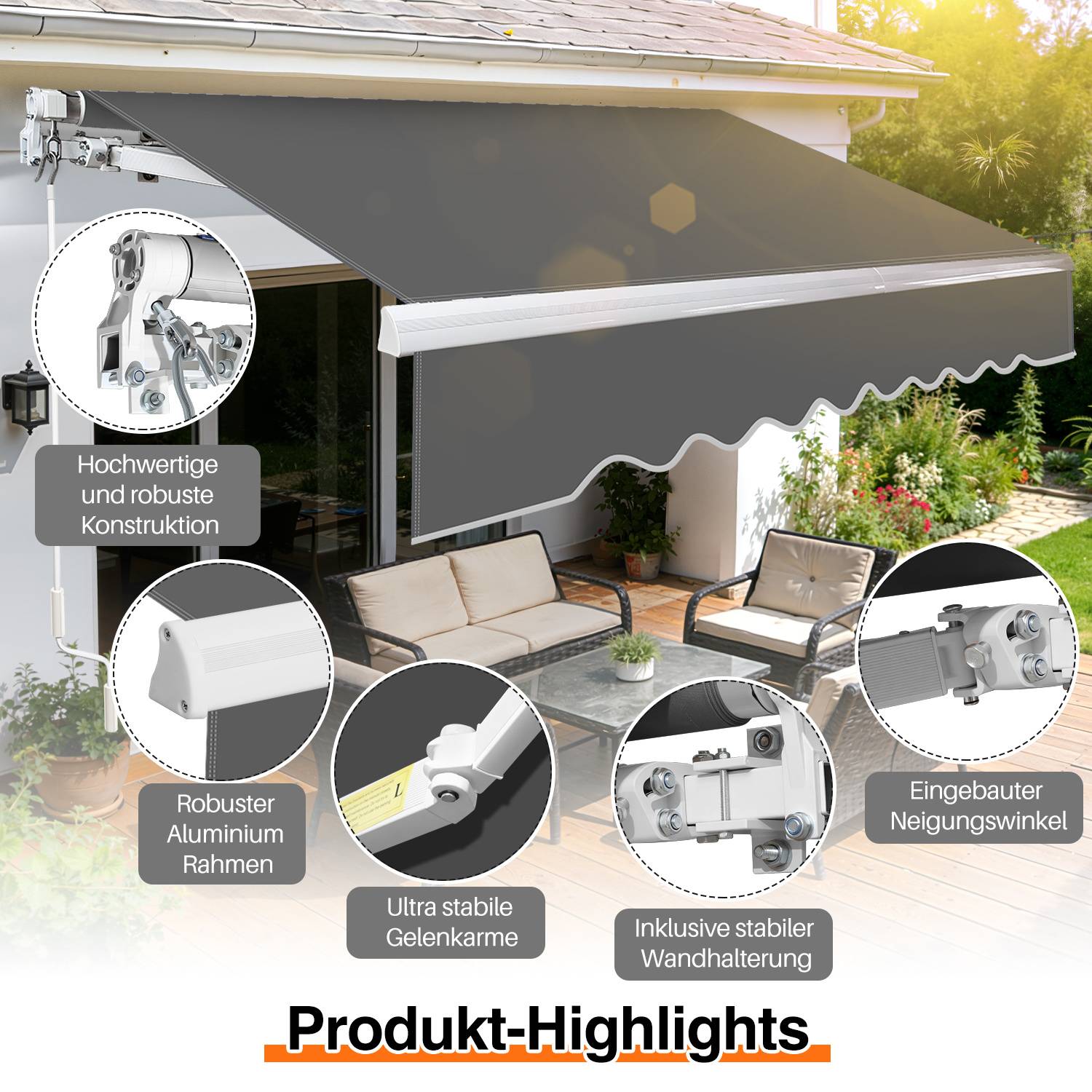 Bild mit Highlights eines Terrassenmarkisen-Produkts, das eine große ausfahrbare graue Markise über einer Terrasse zeigt, mit Beschriftungen für stabiles Aluminiumgestell, stabile Verbindungen, Wandmontage und eingebauter Neigungswinkel.