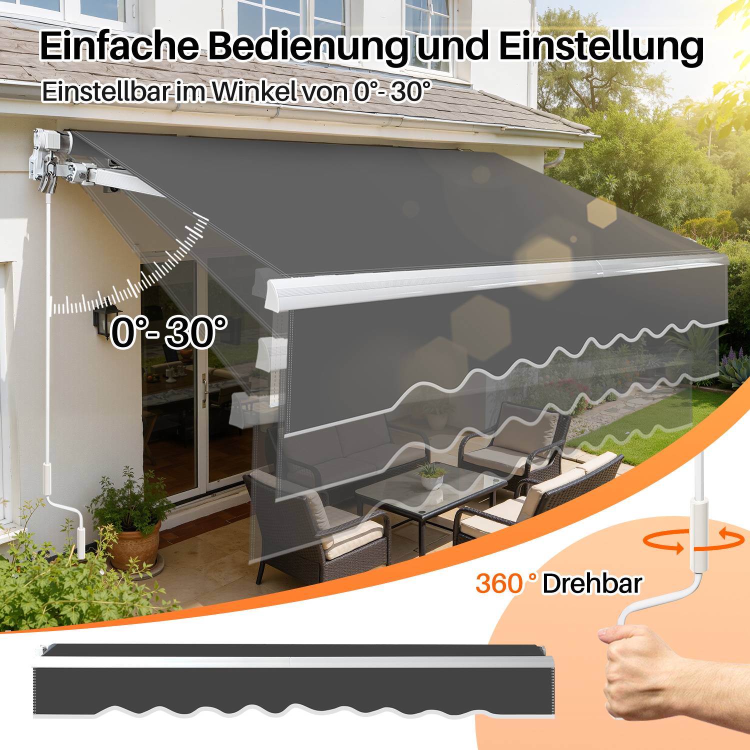Markise 300 x 250 cm Beschattung Terrasse &amp; Balkon - Gelenkarmmarkise mit Kurbel &amp; Halterung Sonnenschutz Balkonmarkise Gelenkmarkise Grau