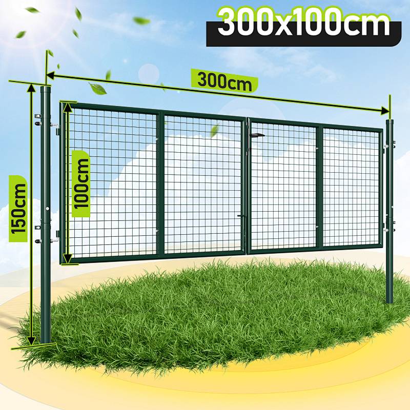 Ein Maschendrahtzaungitter-Gartentor, grün mit einer Schwingtür, mit einer Breite von 300cm und einer Höhe von 100cm, gezeigt mit Stützpfosten auf einer Grünfläche.