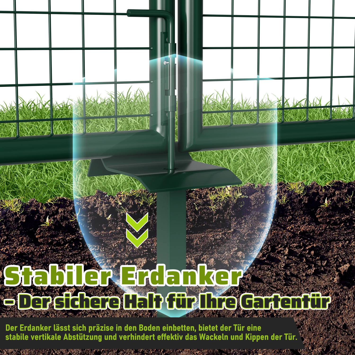 Stabiler Erdanker - Der sichere Halt für Ihre Gartentür.' Grünes Gartentor mit stabilem Erdanker präsentiert, das die Installationsunterstützung verbessert.