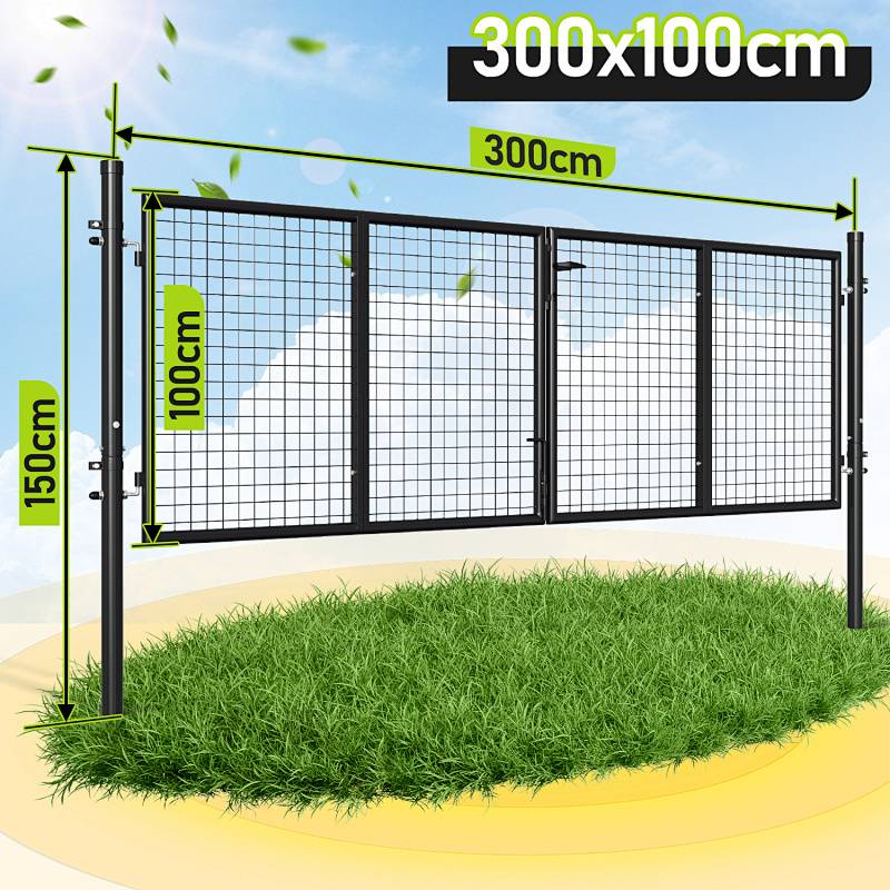Ein schwarzes Metallzauntor auf Rasen mit gekennzeichneten Abmessungen: Breite 300 cm, Höhe 100 cm; die Seitenpfosten sind 150 cm hoch.