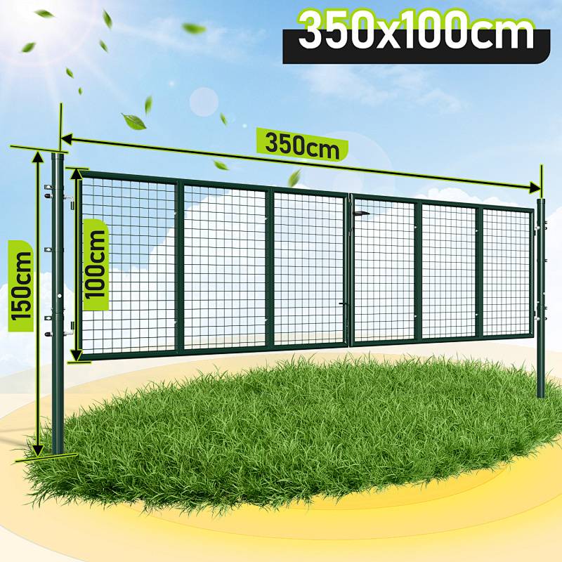 Grünes Metallzaunfeld mit einer Breite von 350 cm und einer Höhe von 100 cm, gestützt durch 150 cm hohe Pfosten, installiert auf einer Grünfläche.