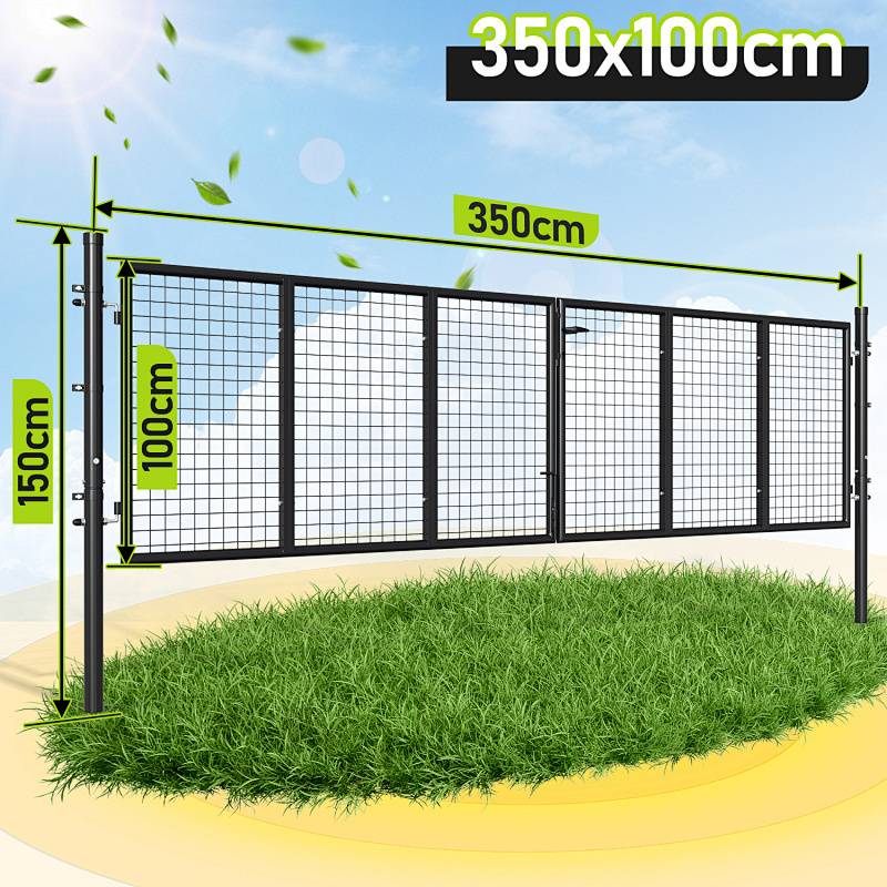 Ein schwarzer Maschendrahtzaun, 350 cm breit und 100 cm hoch, mit Stützpfosten von 150 cm Höhe, steht auf grünem Gras unter einem blauen Himmel.
