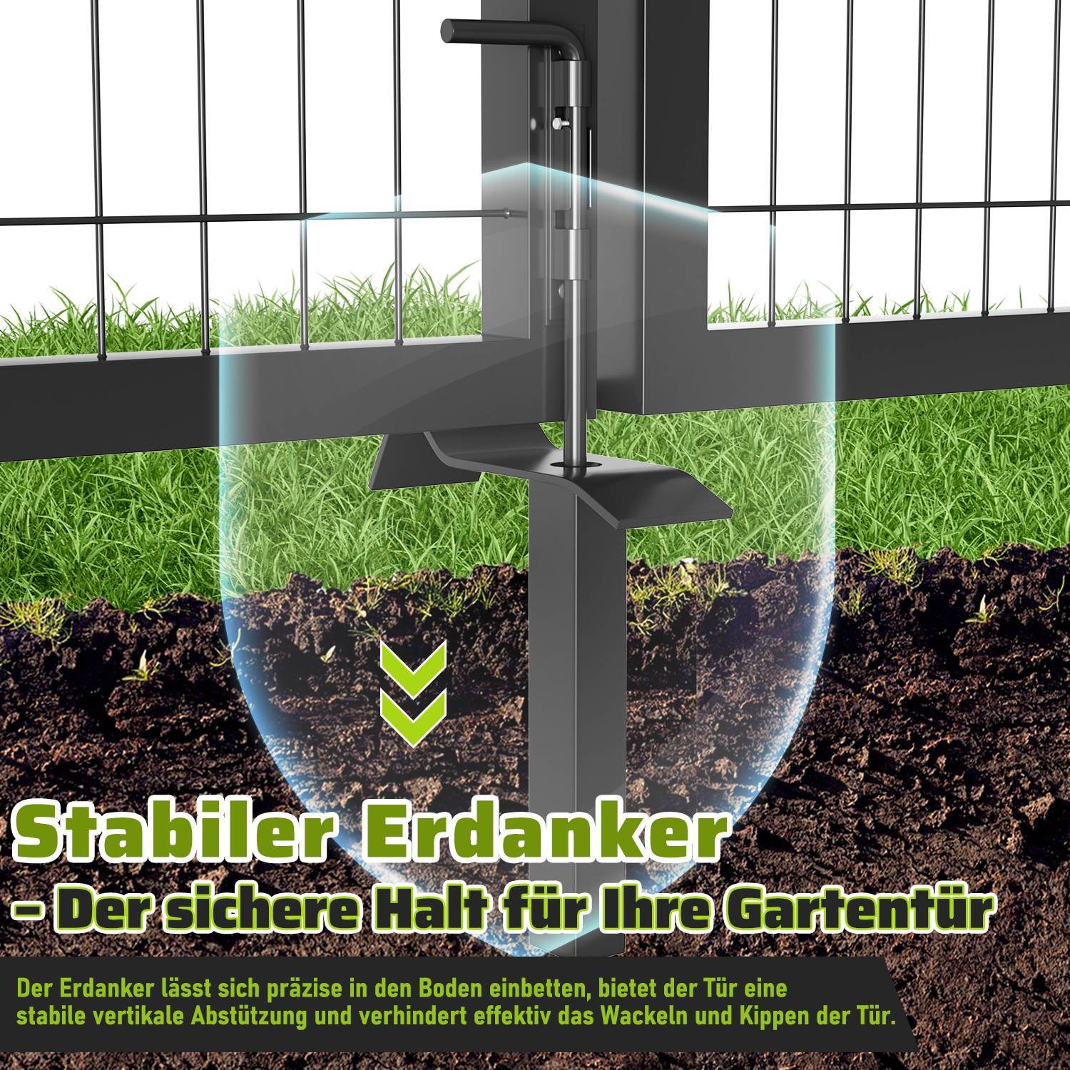 Nahaufnahme eines Gartentorankers im Boden, der Stabilität gewährleistet. Der Text lautet „Stabiler Erdanker - Der sichere Halt für Ihre Gartentür