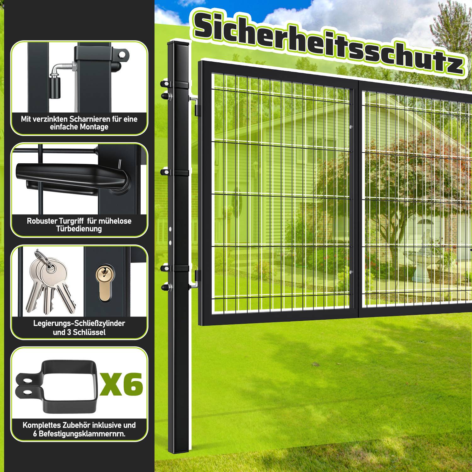 Doppelflügel Gartentor Anthrazit, 300 x 100 cm inkl. Griff, Schloss, Schlüsseln und Bodenverriegelung Gartenpforte Einfahrtstor Hoftür,Vierkantroh