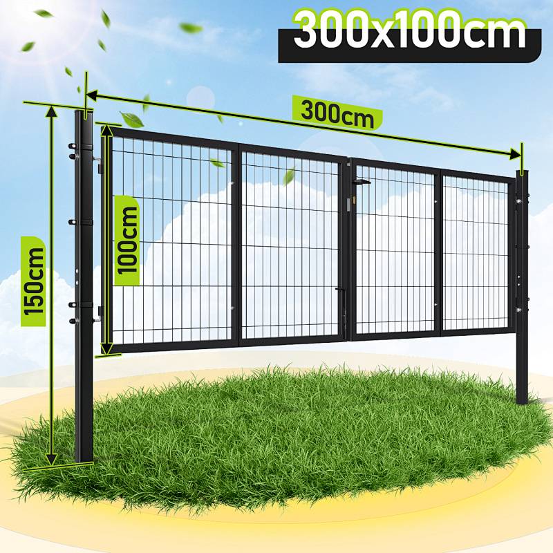 Ein Drahtgitterzaun mit den Maßen 300x100 cm und einer Pfostenahöhe von 150 cm wird auf Gras stehend gegen einen blauen Himmel gezeigt; die Abmessungen sind gekennzeichnet.