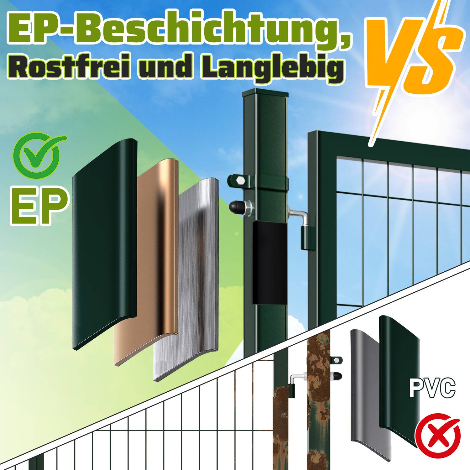 EP-Beschichtung - Rostfrei und Langlebig' stellt langlebige, mit EP beschichtete Zäune dem rostanfälligen PVC gegenüber und zeigt Materialproben und einen Zaun.