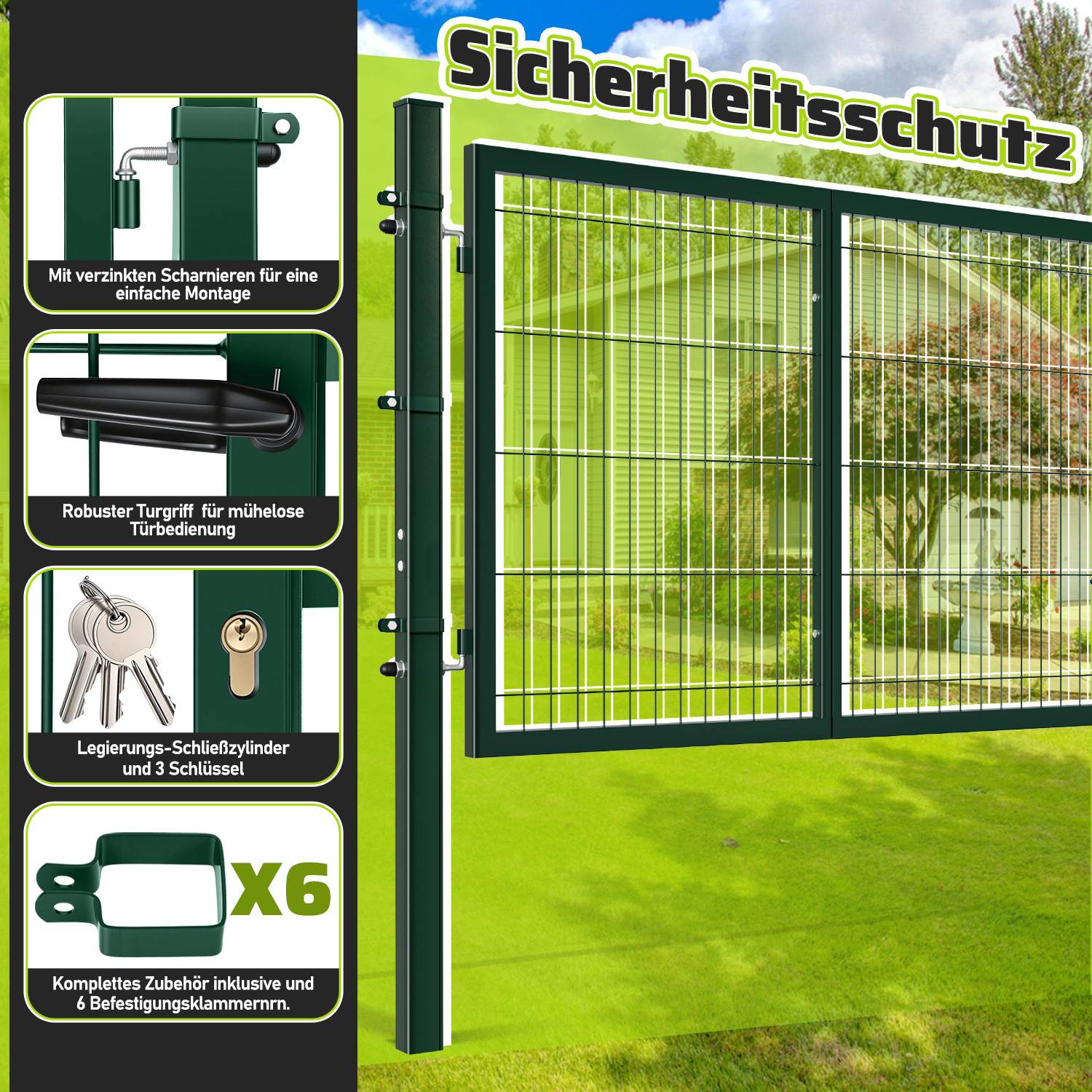 Torwerbung zeigt ein sicheres Metalltor mit grünem Rahmen, das einen robusten Griff, ein Schloss und 6 Zubehörkits mit sich bringt. Der Text in Deutscher Sprache hebt die Sicherheitsmerkmale hervor.