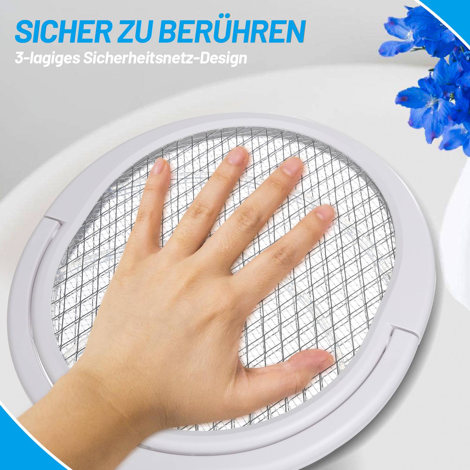 Eine Hand berührt einen runden elektrischen Fliegenklatsche mit einem Sicherheitsnetz, gekennzeichnet mit 