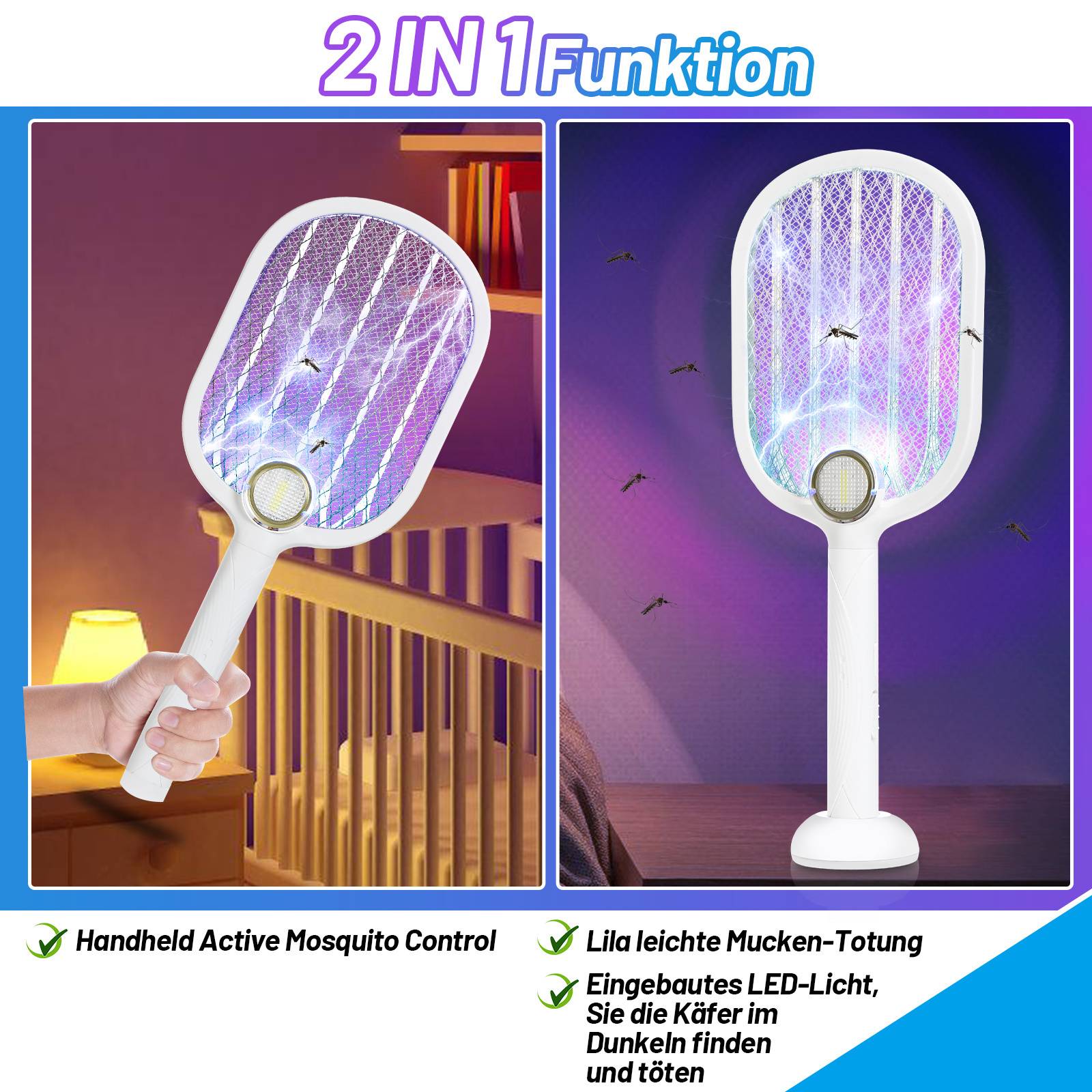 Ein tragbares Mückenkontrollgerät in einer Wohnumgebung gezeigt, das seine Zwei-in-Eins-Funktion zum aktiven Mückenfangen und zur Nutzung des LED-Lichts hervorhebt.