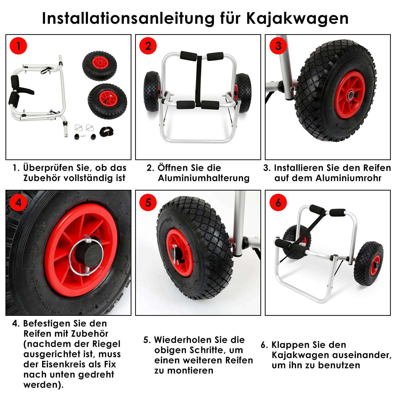 Installationsanleitung für Kajakwagen' zeigt 6 Schritte mit Bildern: 1. Teile überprüfen, 2. Aluminium öffnen, 3. Reifen montieren, 4. Reifen fixieren, 5. Wiederholen, 6. Wagen klappen.