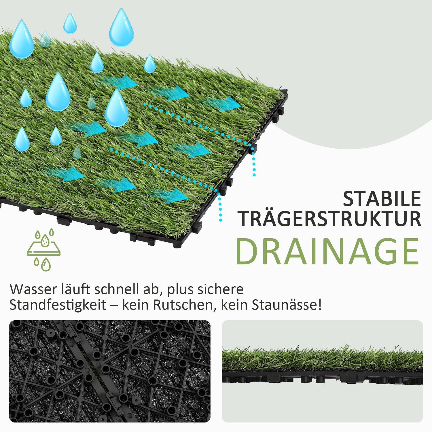 „Grünes Fliesensystem, das effektive Wasserdrainage mit Pfeilen und Wassertropfen demonstriert. Der Text betont stabile Drainage und Rutschfestigkeit.