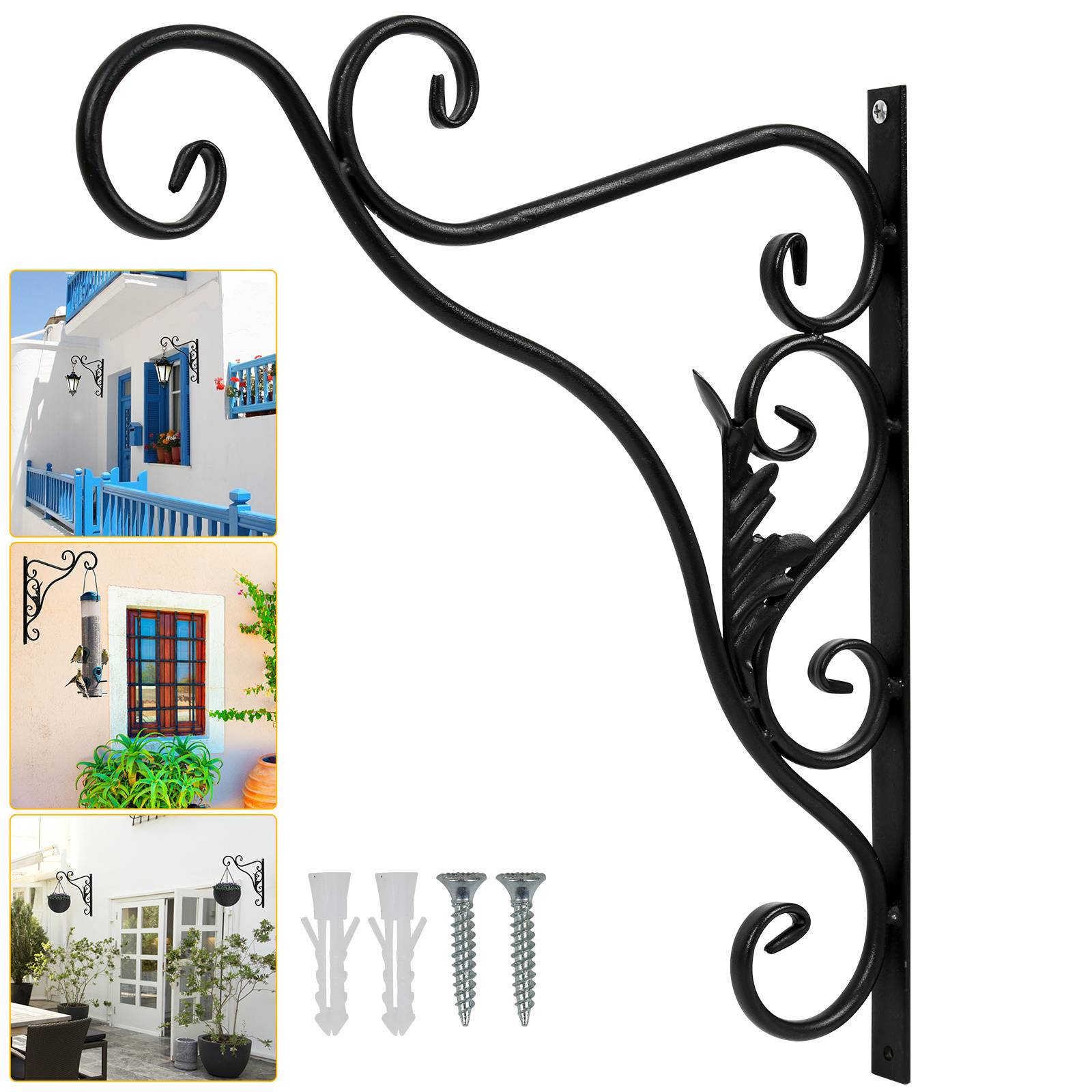 Blumenhaken 4er Set mit Blättern, Metall Schwarz Wandhalterung für Pflanzen und Gartendeko
