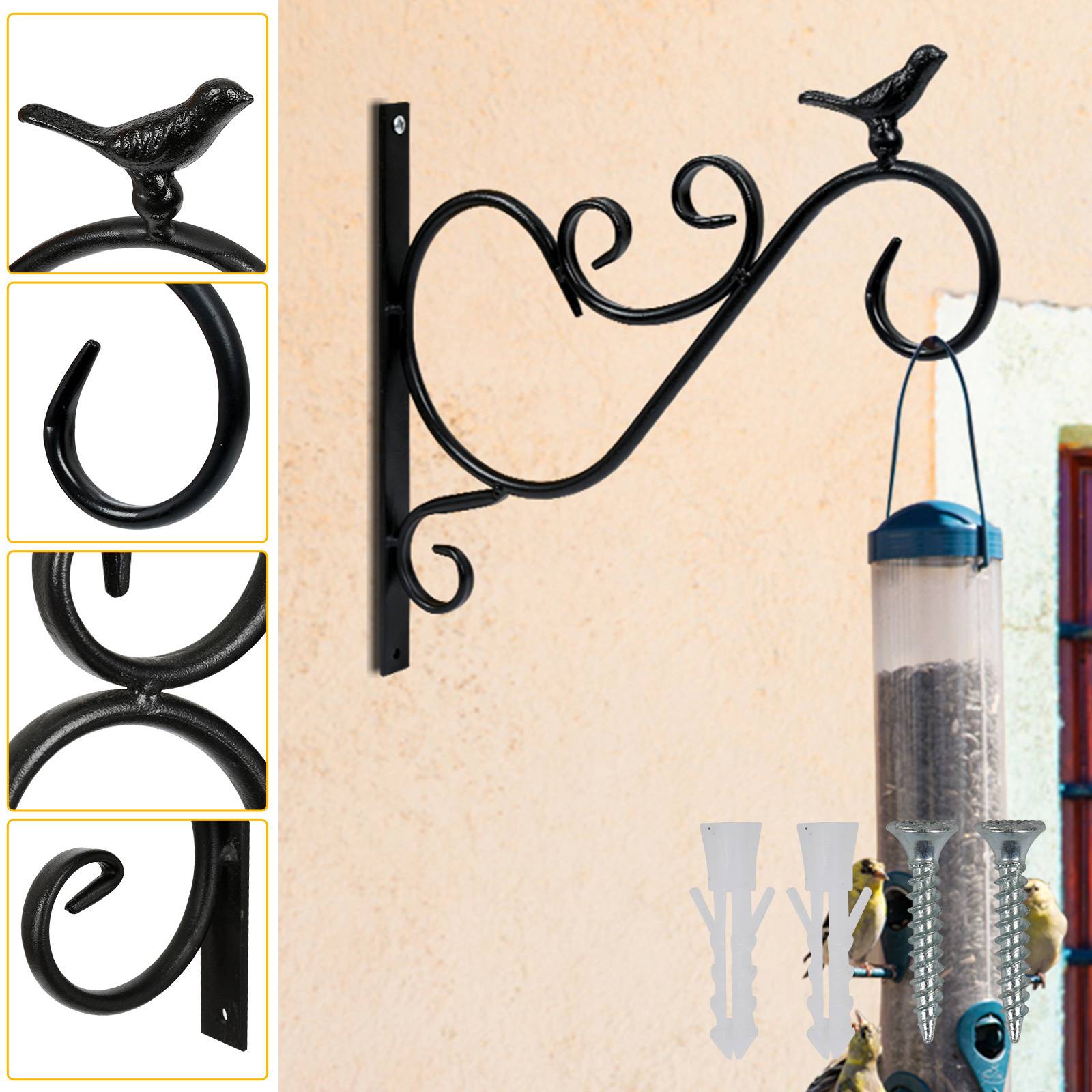 Dekorativ schwarze Metallhalterung mit Vogeldesign, an einer Wand montiert, die eine Vogelfütterung trägt. Nahaufnahmen zeigen Designdetails.