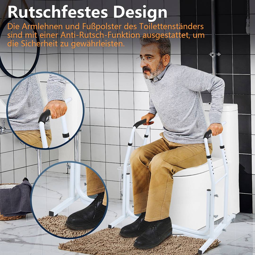Ein älterer Mann nutzt einen Toilettenständer mit Armlehnen im Badezimmer. Der Text hebt das rutschfeste Design für die Sicherheit hervor.