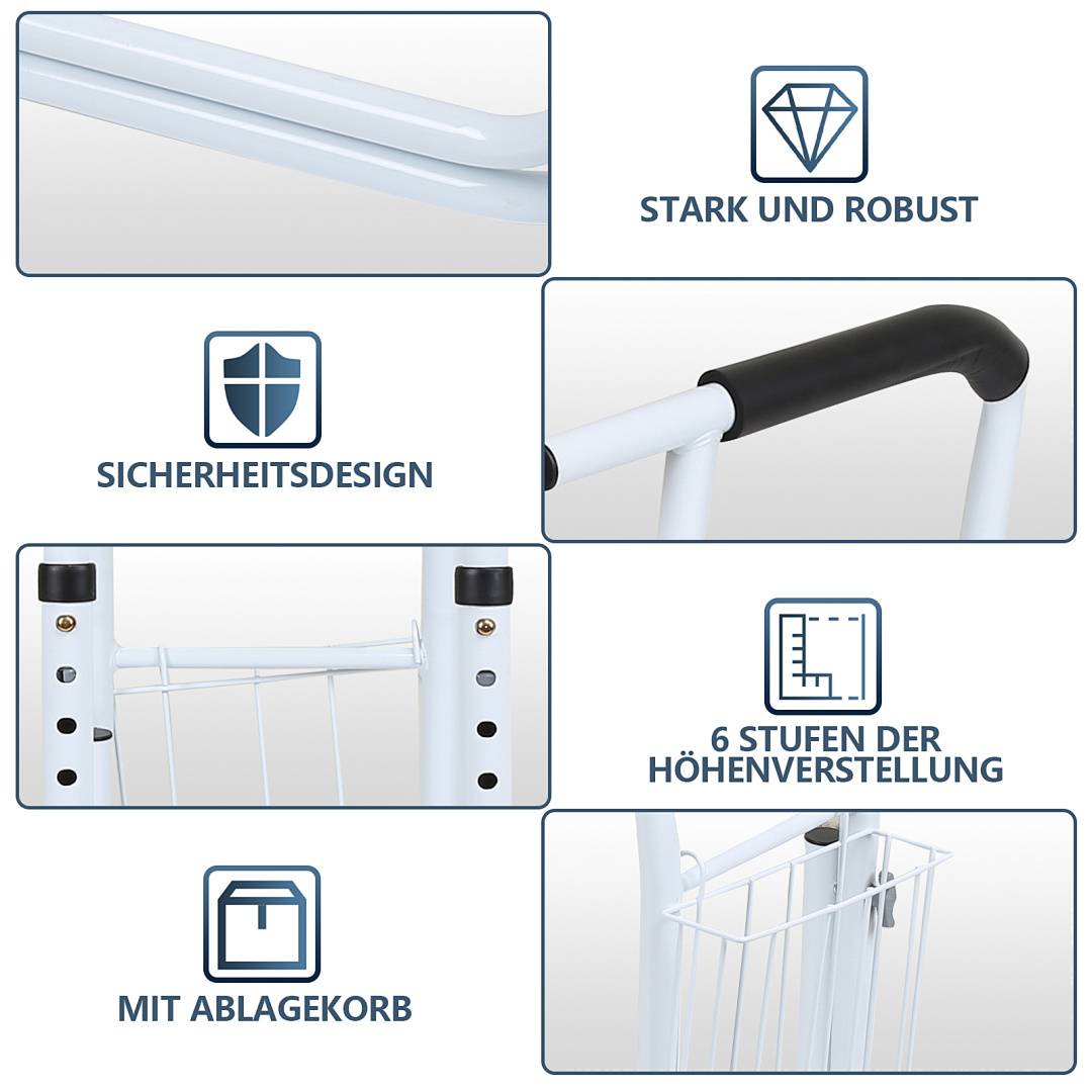 Gehhilfe-Funktionen: stabiler und langlebiger Rahmen, sicheres Design, 6 Höheneinstellungen, mit Aufbewahrungskorb.