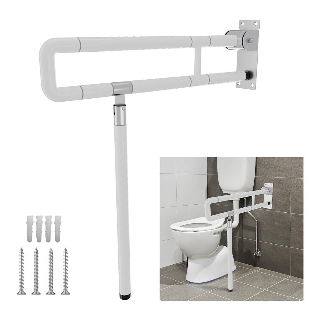 Zusammenklappbare Sicherheitsstange neben einer Toilette mit Befestigungsschrauben installiert. Ideal zur Mobilitätsunterstützung in Badezimmern.