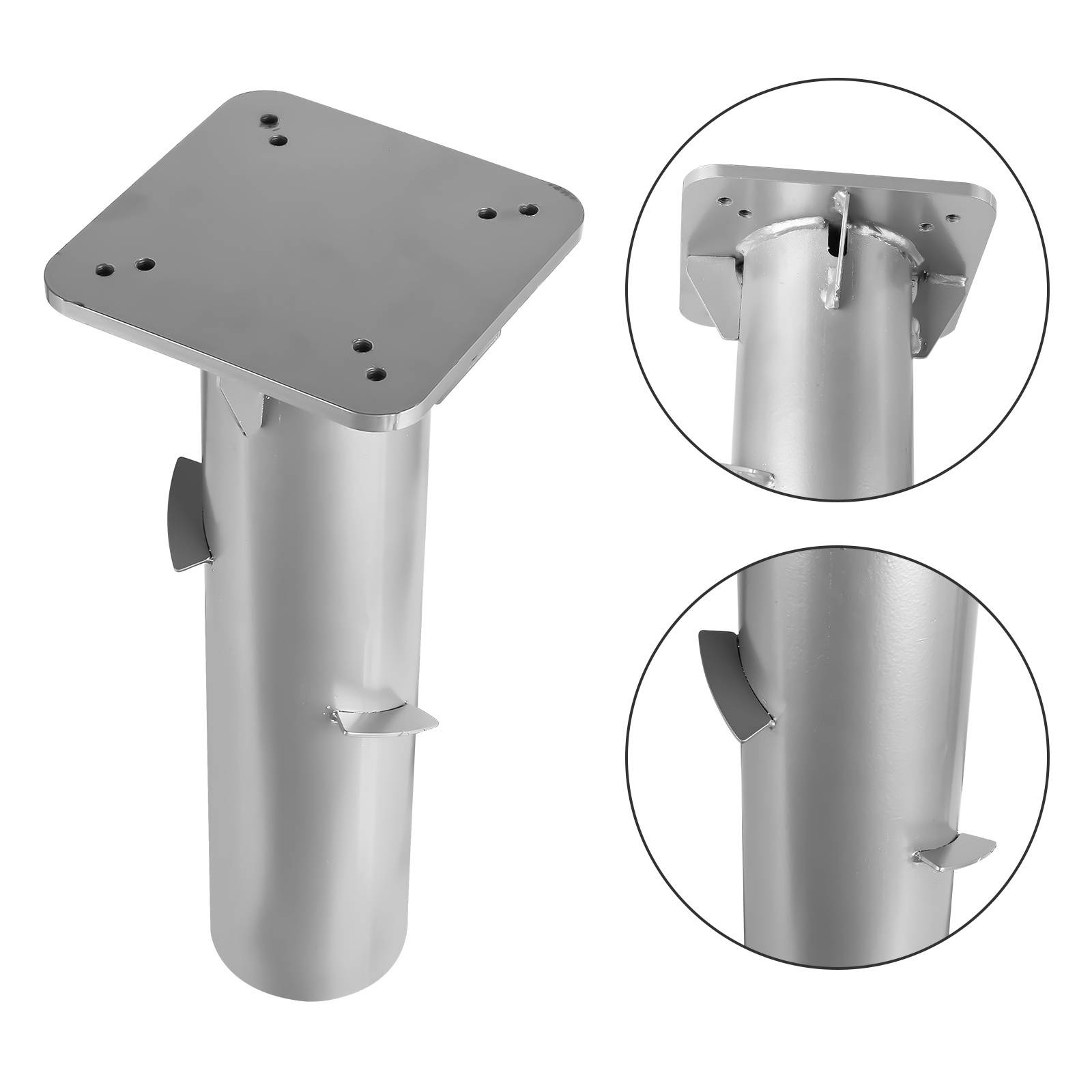 Metallischer zylindrischer Pfosten mit quadratischer Montageplatte und mehreren seitlichen Haken. Detailansichten in Nahaufnahme zeigen die Plattenlöcher und Haken.