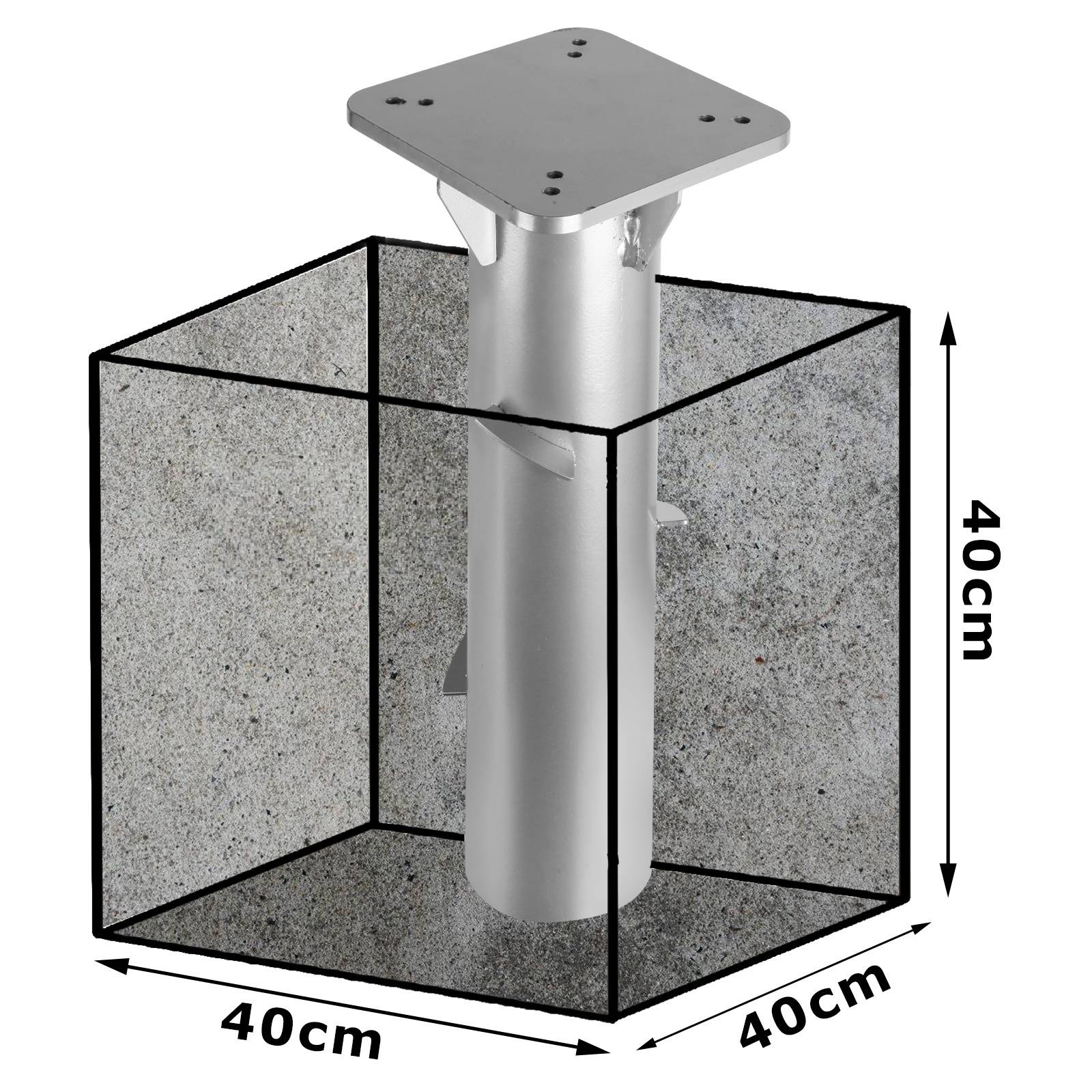 „3D-Modell einer quadratischen Bodenplatte, die an einem runden Stützpfosten verschweißt ist, alles in einem transparenten Würfel mit Kantenlängen von jeweils 40 cm.