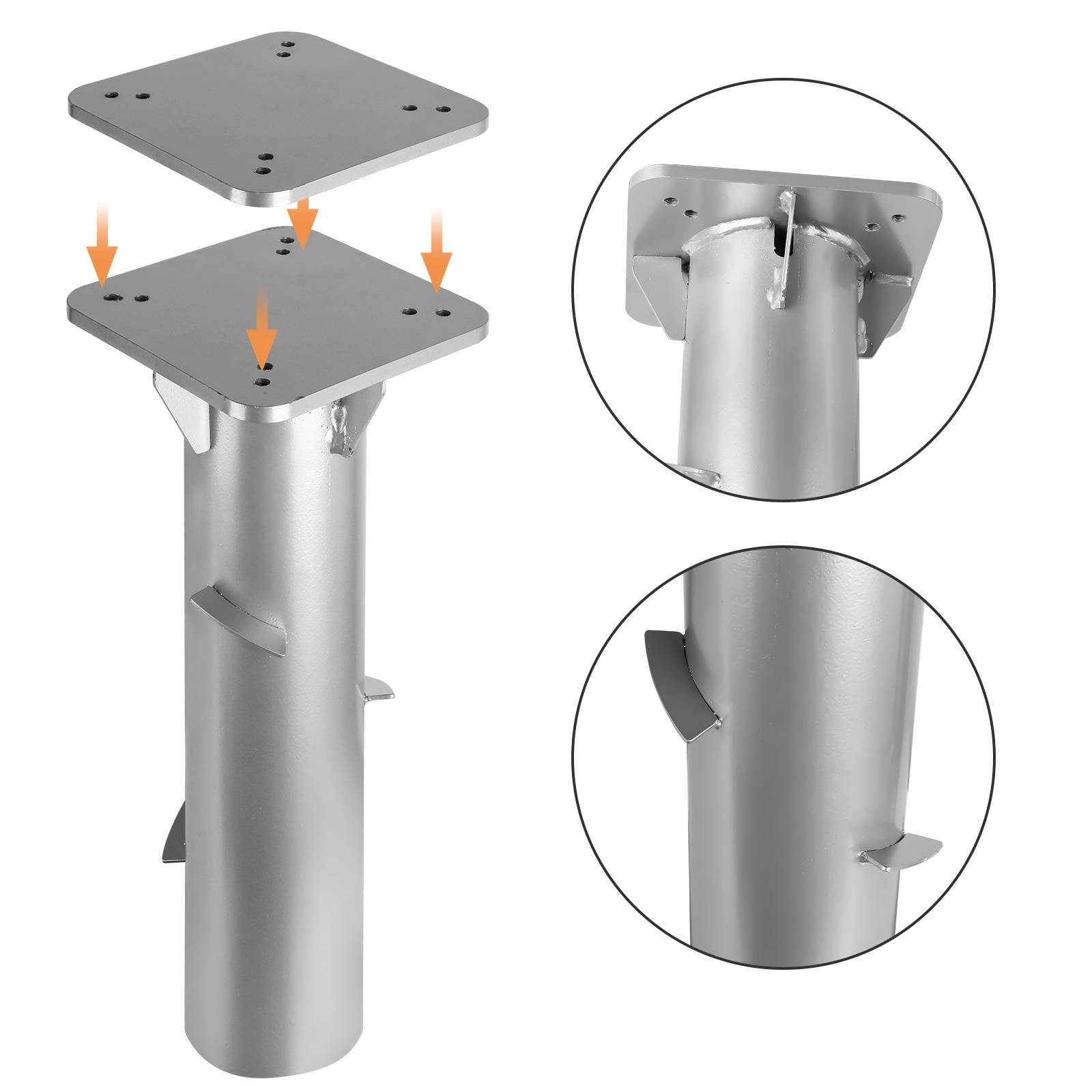 Silberner metallischer Montagepfosten mit quadratischer Basis und Oberseite, mit Pfeilen zur Montageausrichtung. Enthält zwei detaillierte kreisförmige Vergrößerungen.