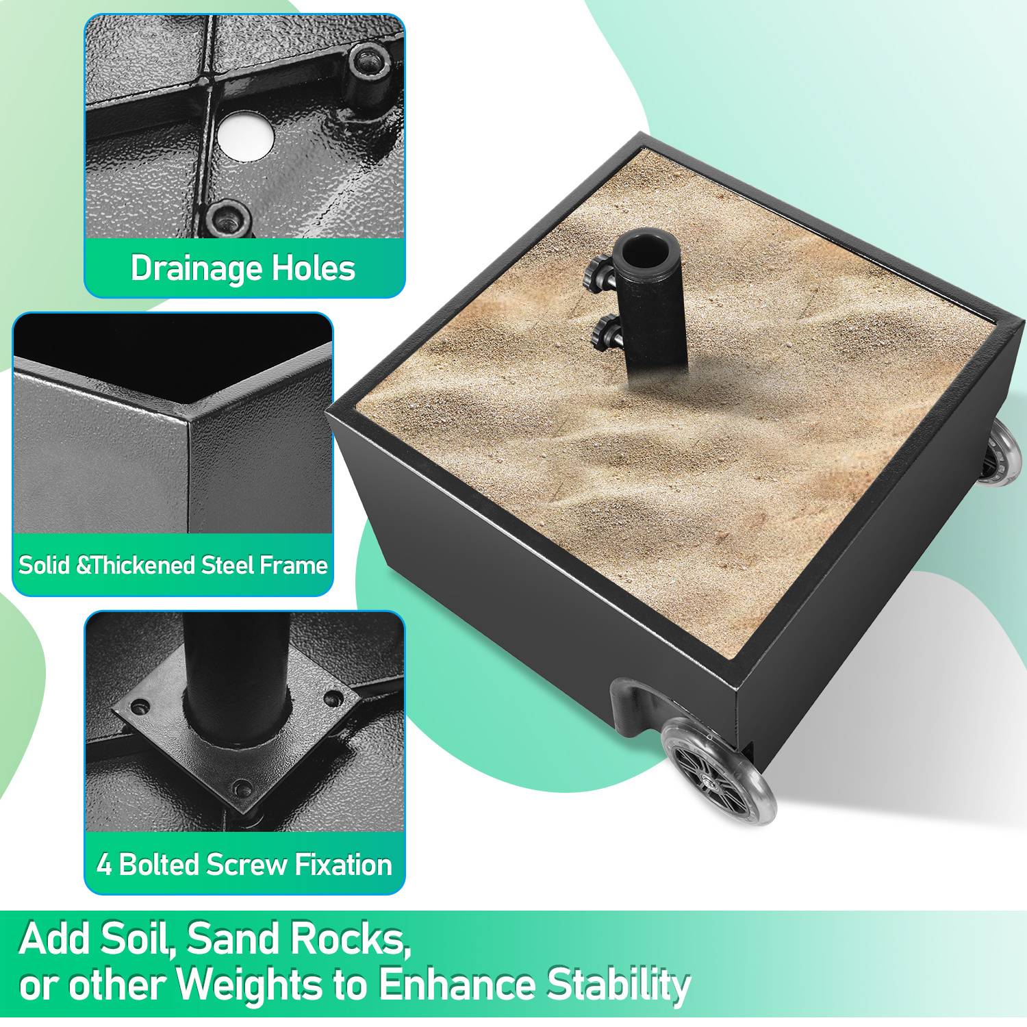Quadratische Schirmbasis mit sandgefülltem Fach, Entwässerungslöcher, vier verschraubte Schrauben und Rollen. Der Text lautet: „Fügen Sie Erde, Sand, Steine oder andere Gewichte hinzu, um die Stabilität zu erhöhen.