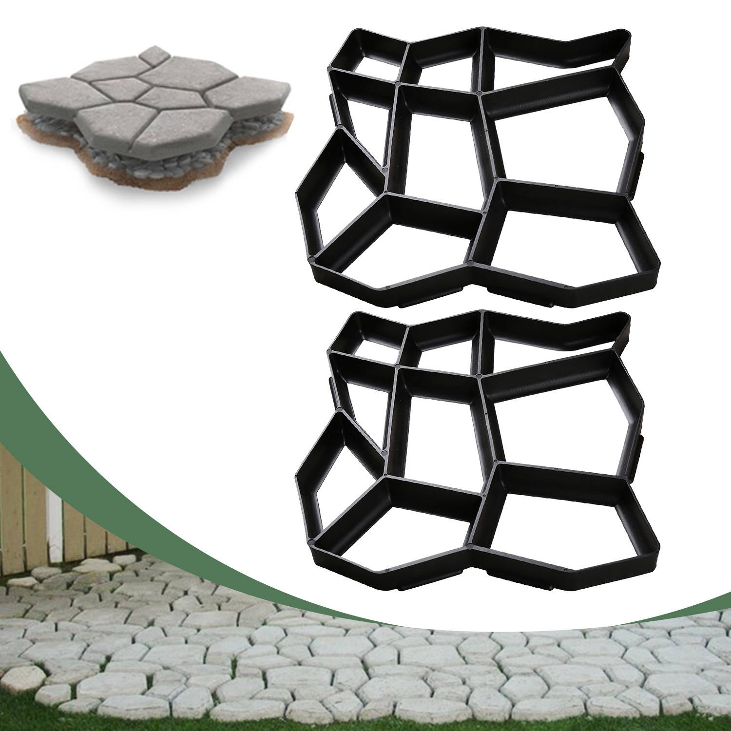 „Betonwegform mit Verzahnungsdesign für DIY-Garten oder Terrasse, gezeigt auf einem Steinweg. Draufsicht der Form und fertigem Ergebnis.