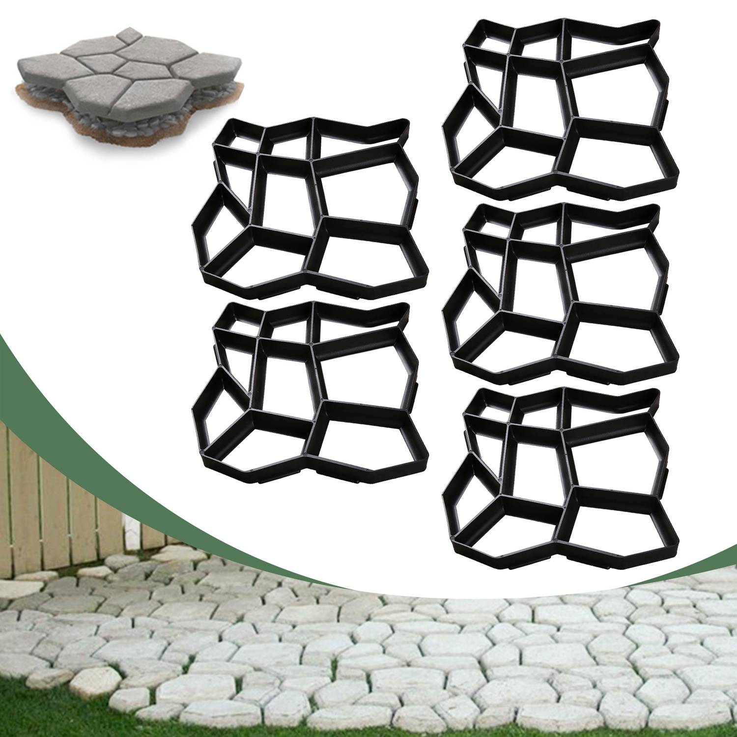 Betonwegformen, die neben einem gepflasterten Steinweg gestapelt sind. Ein kleiner Stapel vollendeter Steinfliesen wird gezeigt.