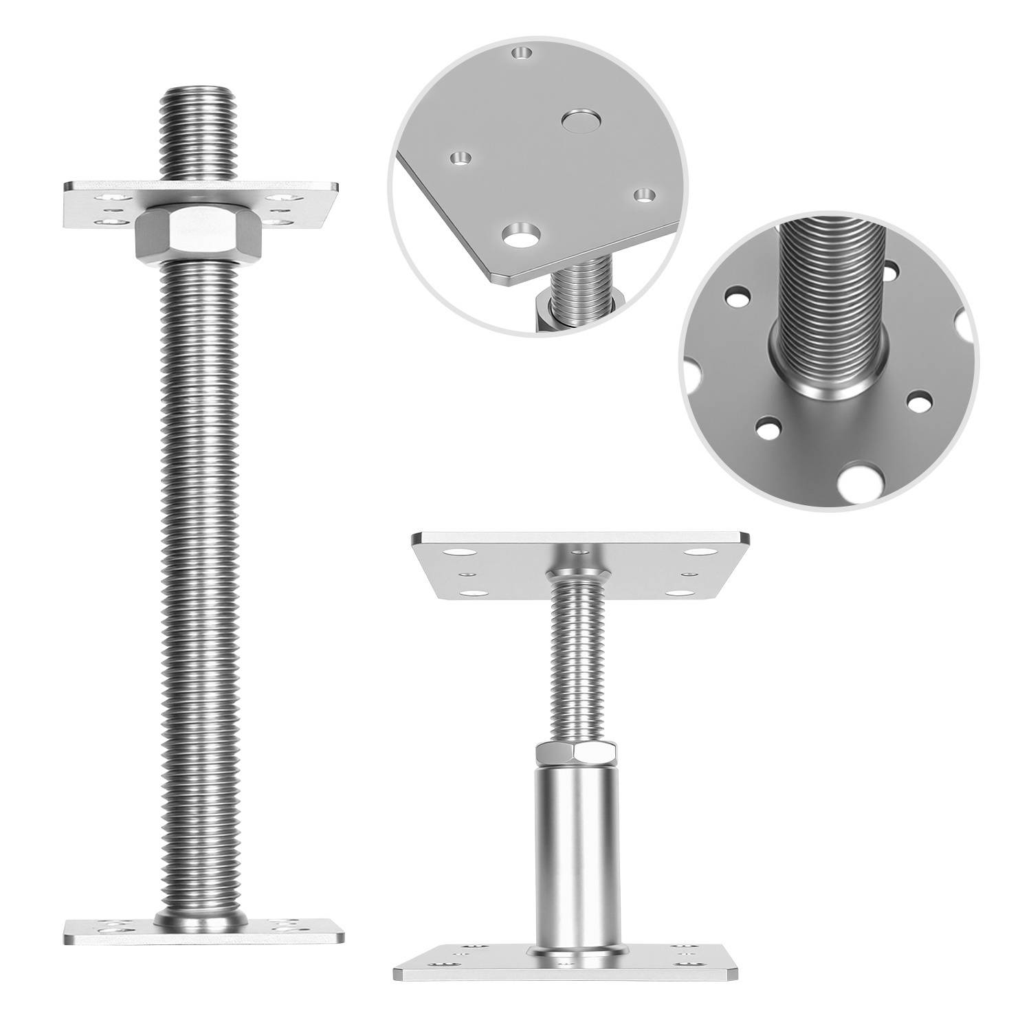 Ein Metall-Nivellierfuß mit verstellbarem Gewinde und quadratischer Basis, dargestellt aus verschiedenen Winkeln zur Hervorhebung seiner Komponenten und seines Designs.