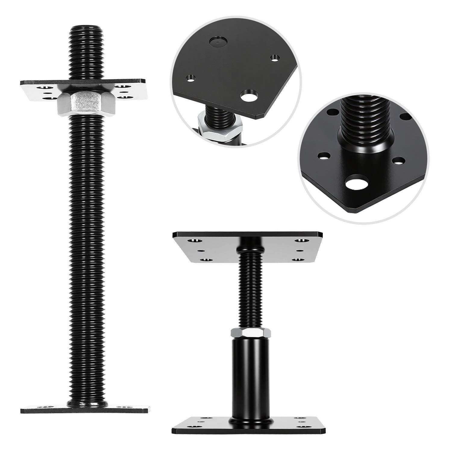 Schweres, verstellbares Nivellierfuß mit Gewindestange und Befestigungsplatten, dargestellt aus verschiedenen Winkeln und in Nahaufnahme für Details.