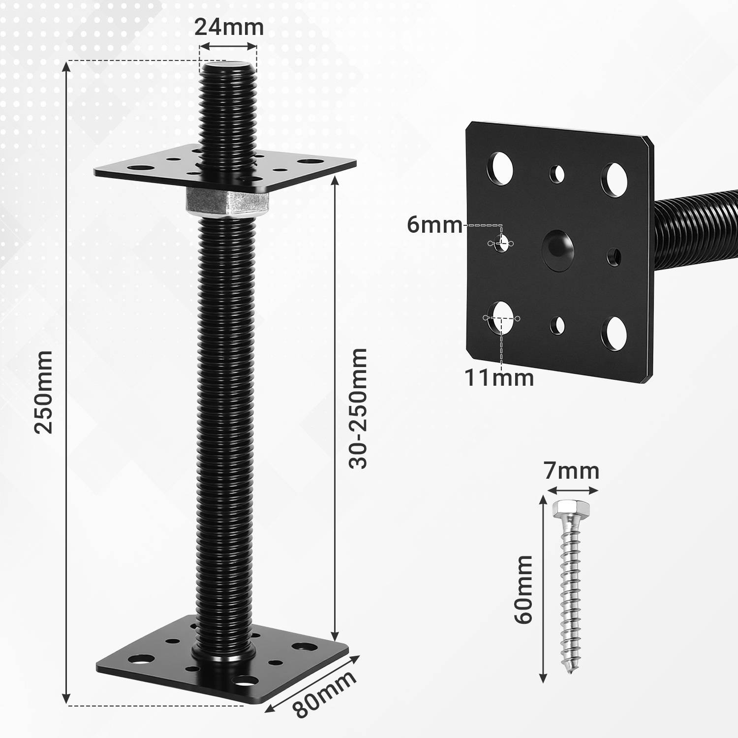 Verstellbares schwarzes Metallstützenbein mit Abmessungen: 250 mm Höhe, 24 mm Gewinde, 80 mm quadratische Basis, 30-250 mm Verstellbereich. Enthält eine detaillierte Ansicht einer Schraube mit 7 mm Kopfgröße und Gesamtlänge von 60 mm.
