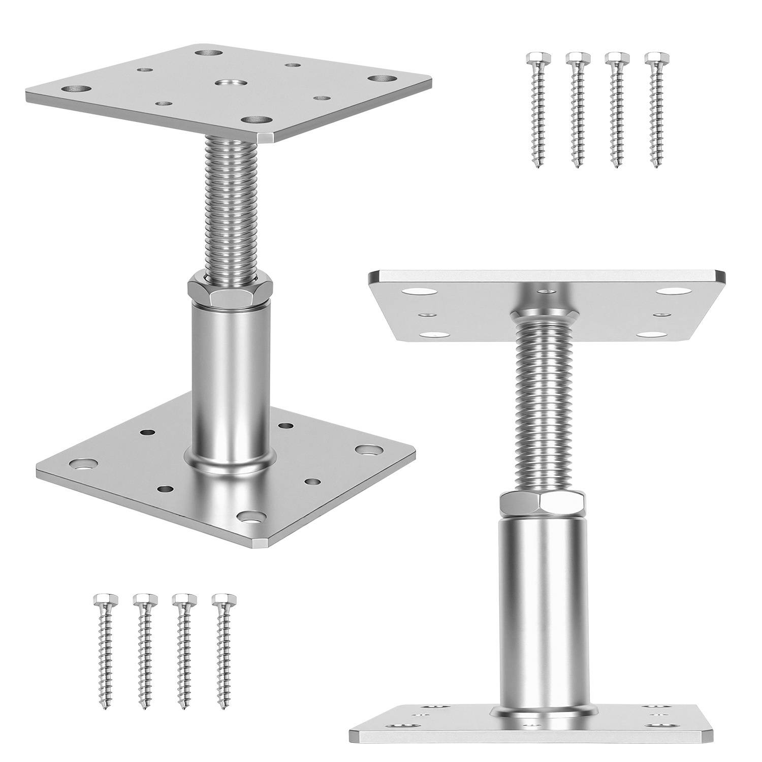 Verstellbare Metallmöbelbeine mit quadratischen Platten und Schrauben, gezeigt in zwei Perspektiven: Seitenansicht zeigt die Höhenverstellfunktion und Draufsicht. Vier Schrauben sind in jedes Bein enthalten.