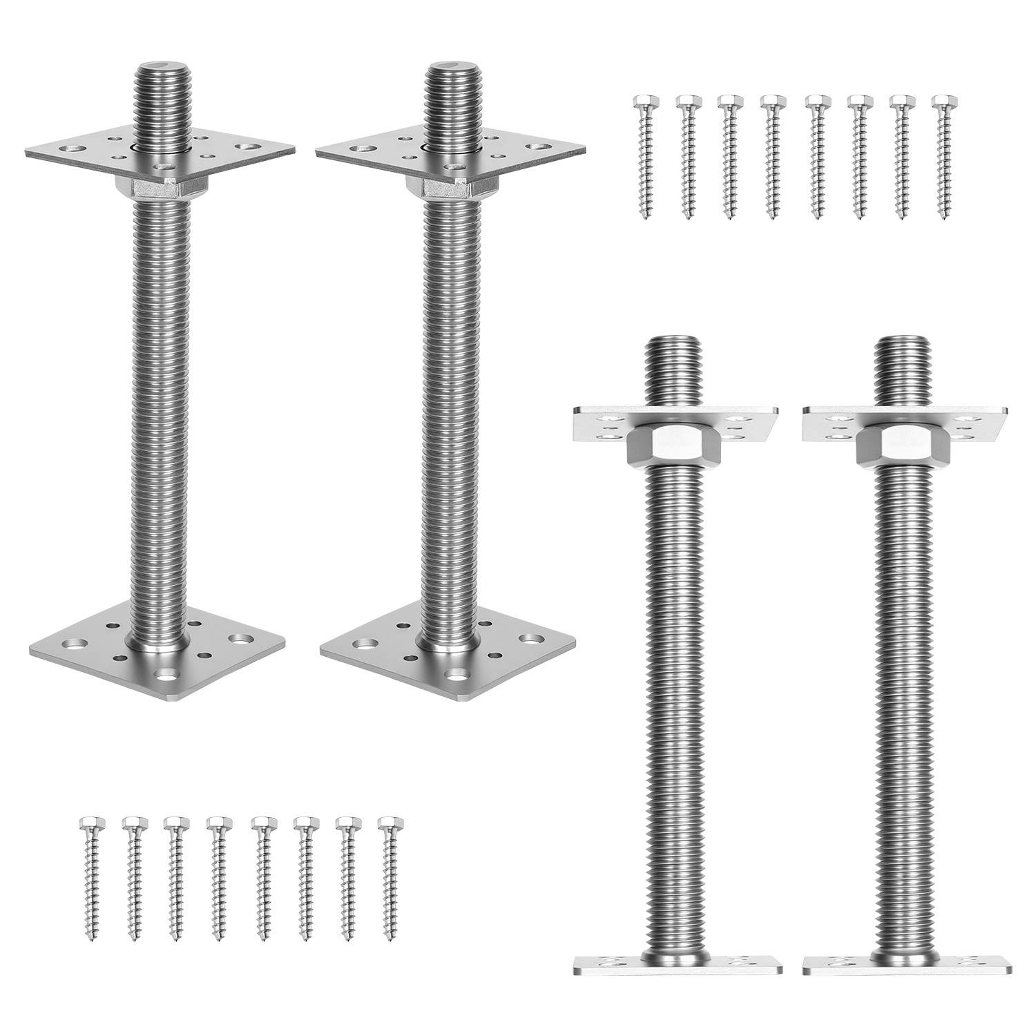 Verstellbarer Metallbodenbefestigungssatz mit vier Gewindestangen, Montageplaten und zwölf Schrauben, entwickelt zur Sicherung verschiedener Konstruktionen.