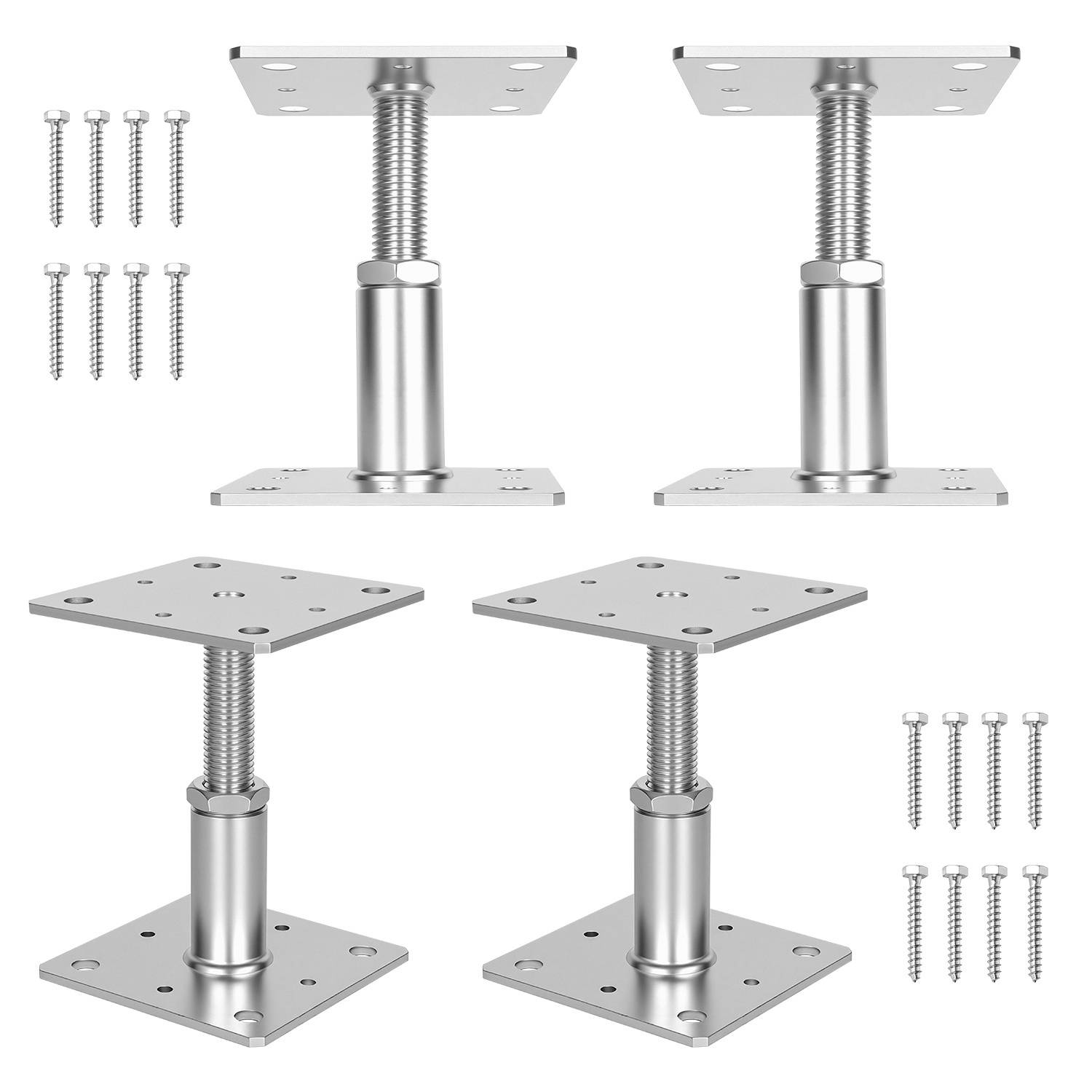 Vier verstellbare Edelstahl-Möbelbeine mit Montagplatten und Schrauben, paarweise angeordnet, zeigen die Installationshardware.