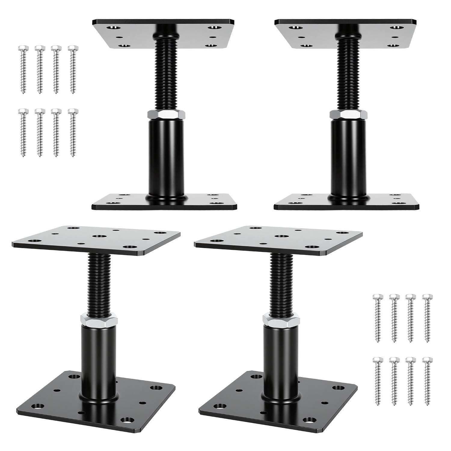 Vier verstellbare schwarze Möbelbeine mit quadratischen Montageplatte, jedes mit entsprechenden Schrauben.