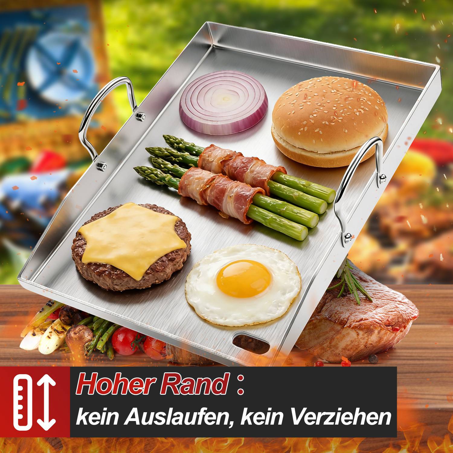 Ein Grillblech auf einem Grill mit einem Burgerpatty, Käse, gebratenem Ei, speckumwickeltem Spargel, einer Zwiebelsheibe und einem Brötchen. Deutscher Text hebt hervor, dass es nicht undicht wird.