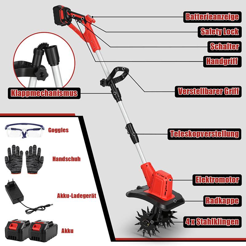 Ein roter elektrischer Kultivator mit verstellbarem Griff, Sicherheitsverriegelung, Batterieladeanzeige und Stahlklingen wird gezeigt. Enthält Schutzbrille, Handschuhe, Ladegerät und Batterie.