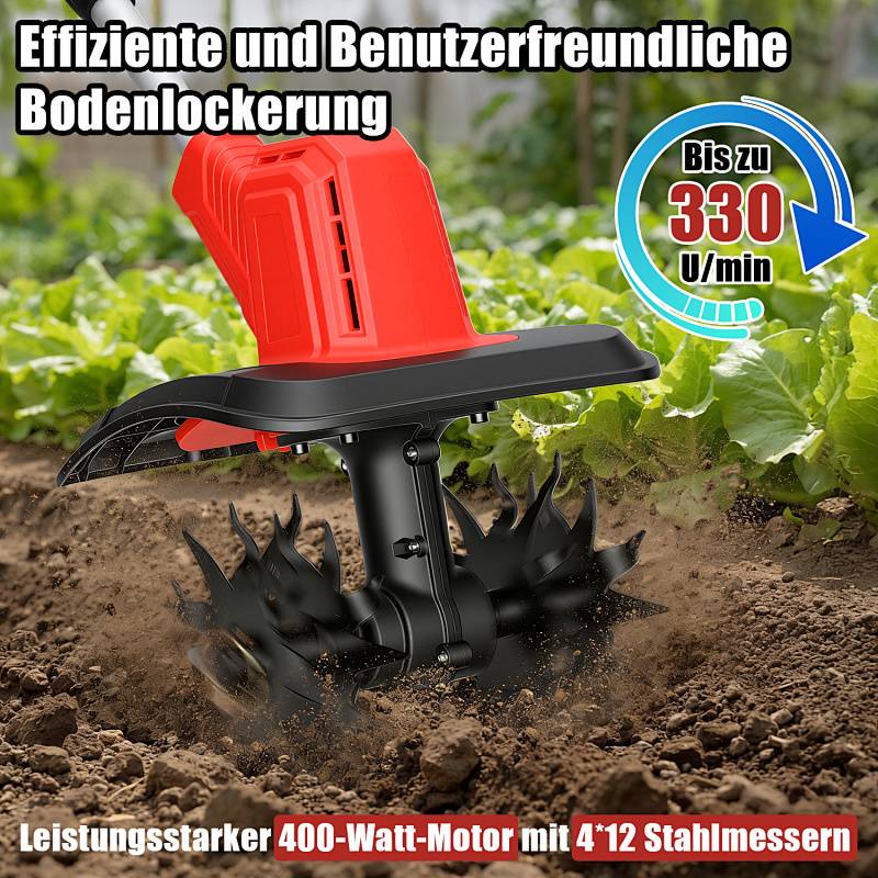 Ein roter Gartenfräser mit einem leistungsstarken 400-Watt-Motor und 4x12 Stahlmessern, die die Erde zwischen grünen Pflanzen lockern. Der Text unterstreicht die Effizienz und Geschwindigkeit von bis zu 330 U/min.